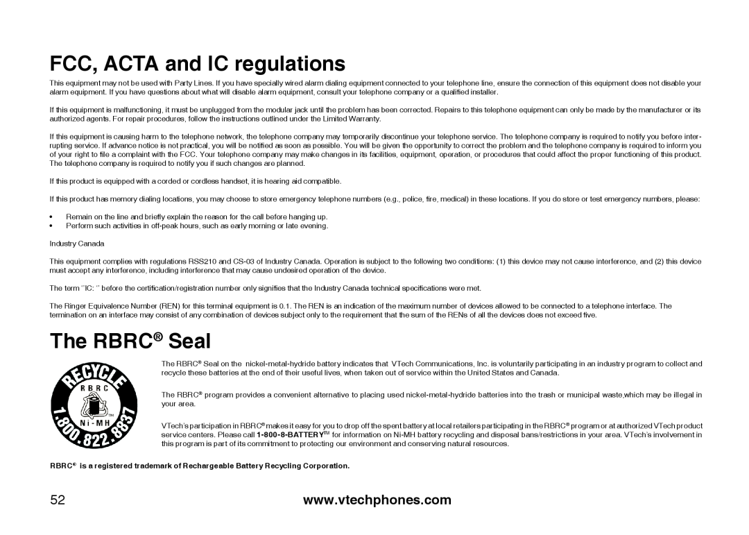 VTech 6787, 6778, I6767 important safety instructions The RBRC Seal, FCC, ACTA and IC regulations, Industry Canada 