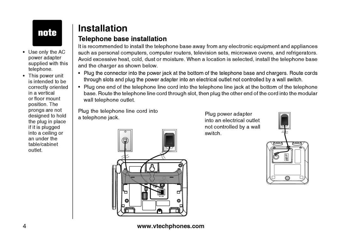 VTech 6787, 6778, I6767 important safety instructions Telephone base installation, Installation 