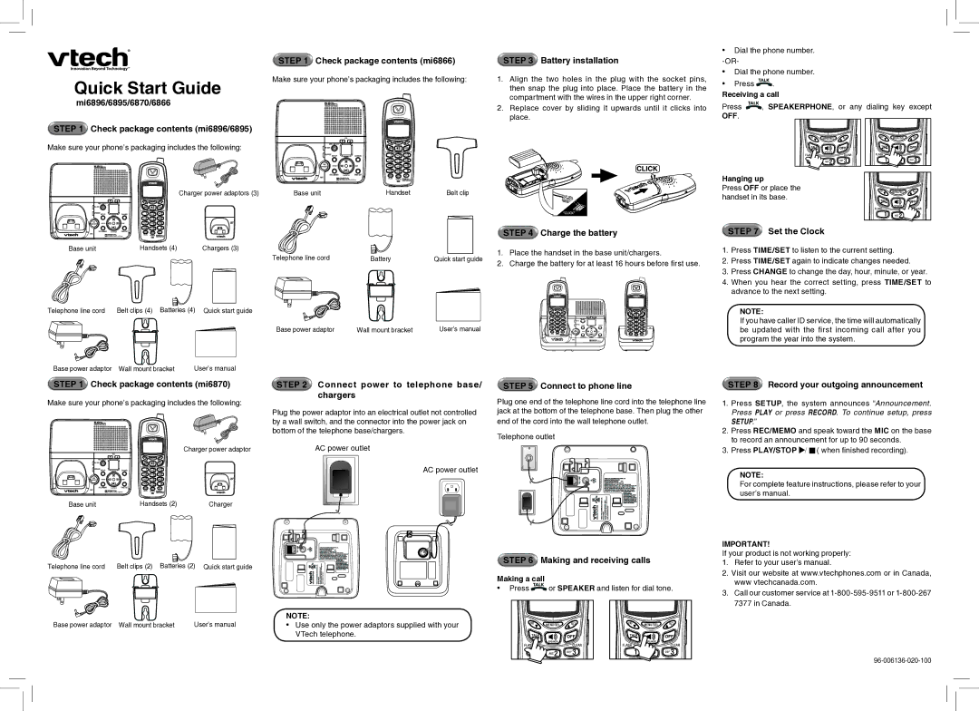 VTech quick start Mi6896/6895/6870/6866 Check package contents mi6896/6895, Check package contents mi6870 