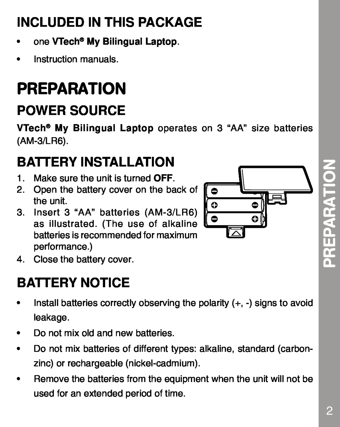 VTech 80-067848 user manual Preparation, Included In This Package, Power Source, Battery Installation, Battery Notice 