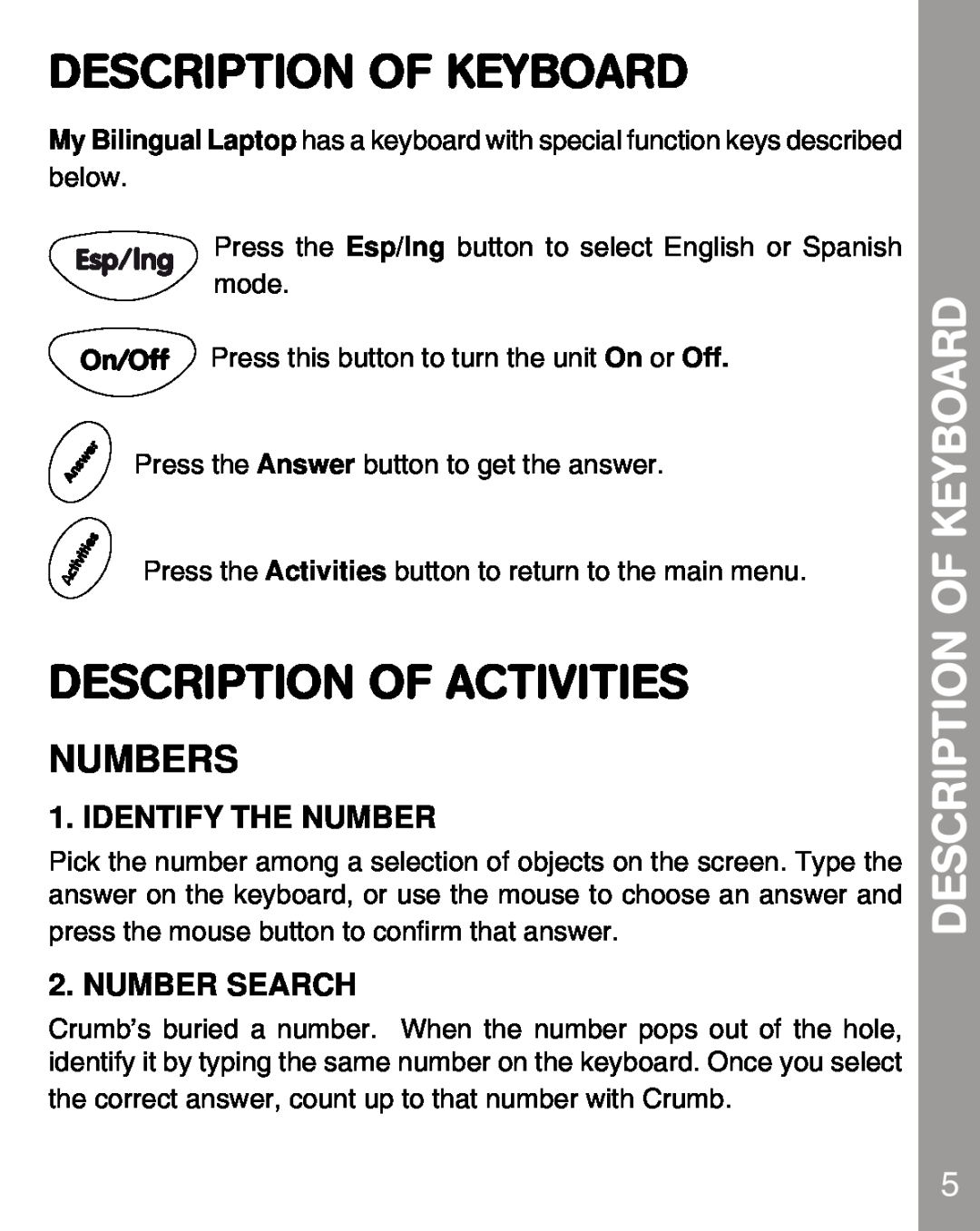 VTech 80-067848 user manual Description Of Keyboard, Description Of Activities, Numbers, Identify The Number, Number Search 
