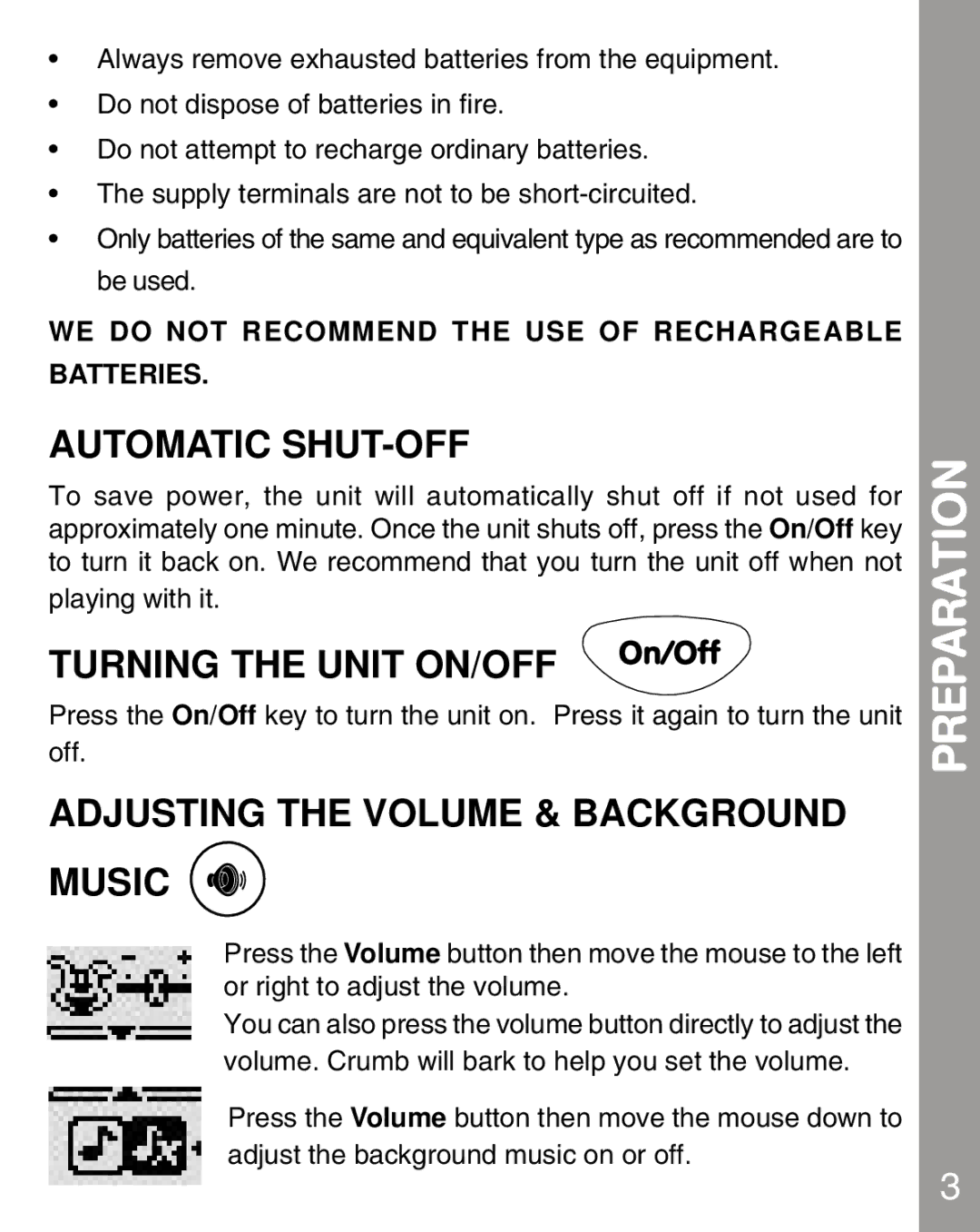 VTech 80-067848 user manual Automatic SHUT-OFF, Turning the Unit ON/OFF, Adjusting the Volume & Background Music 