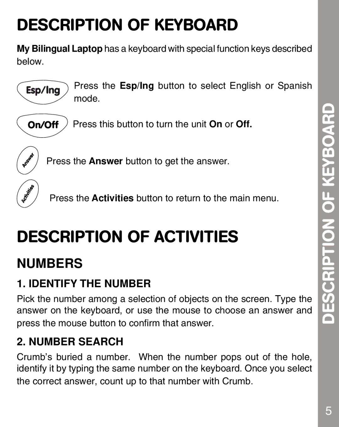 VTech 80-067848 user manual Description of Keyboard, Description of Activities, Numbers 