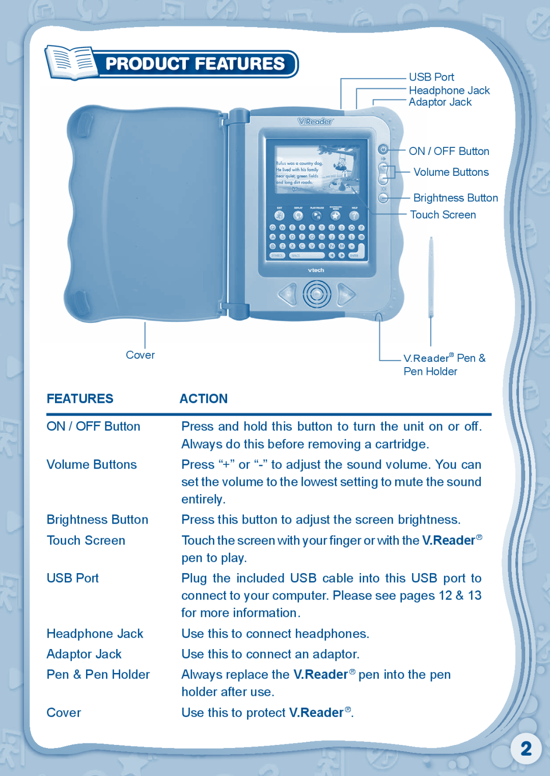 VTech 80-115610 user manual Product Features, Action 