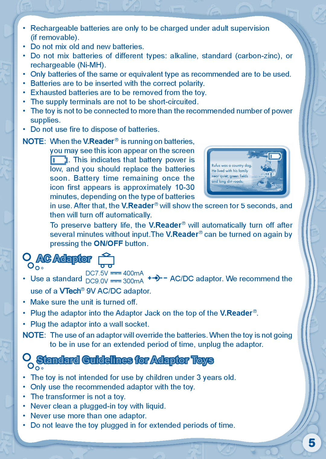 VTech 80-115610 user manual AC Adaptor, Standard Guidelines for Adaptor Toys 