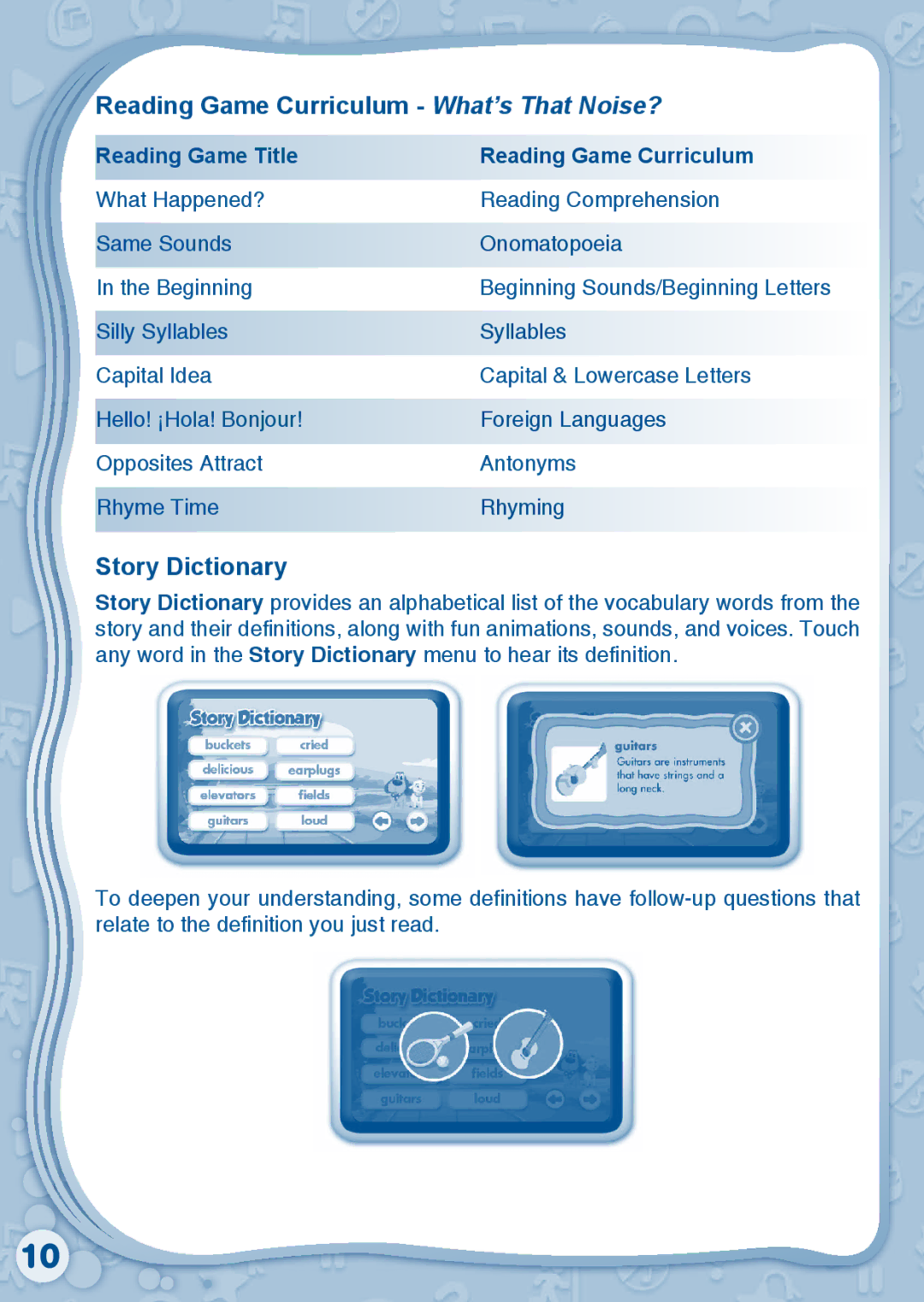 VTech 80-115610 Reading Game Curriculum What’s That Noise?, Story Dictionary, Reading Game Title Reading Game Curriculum 
