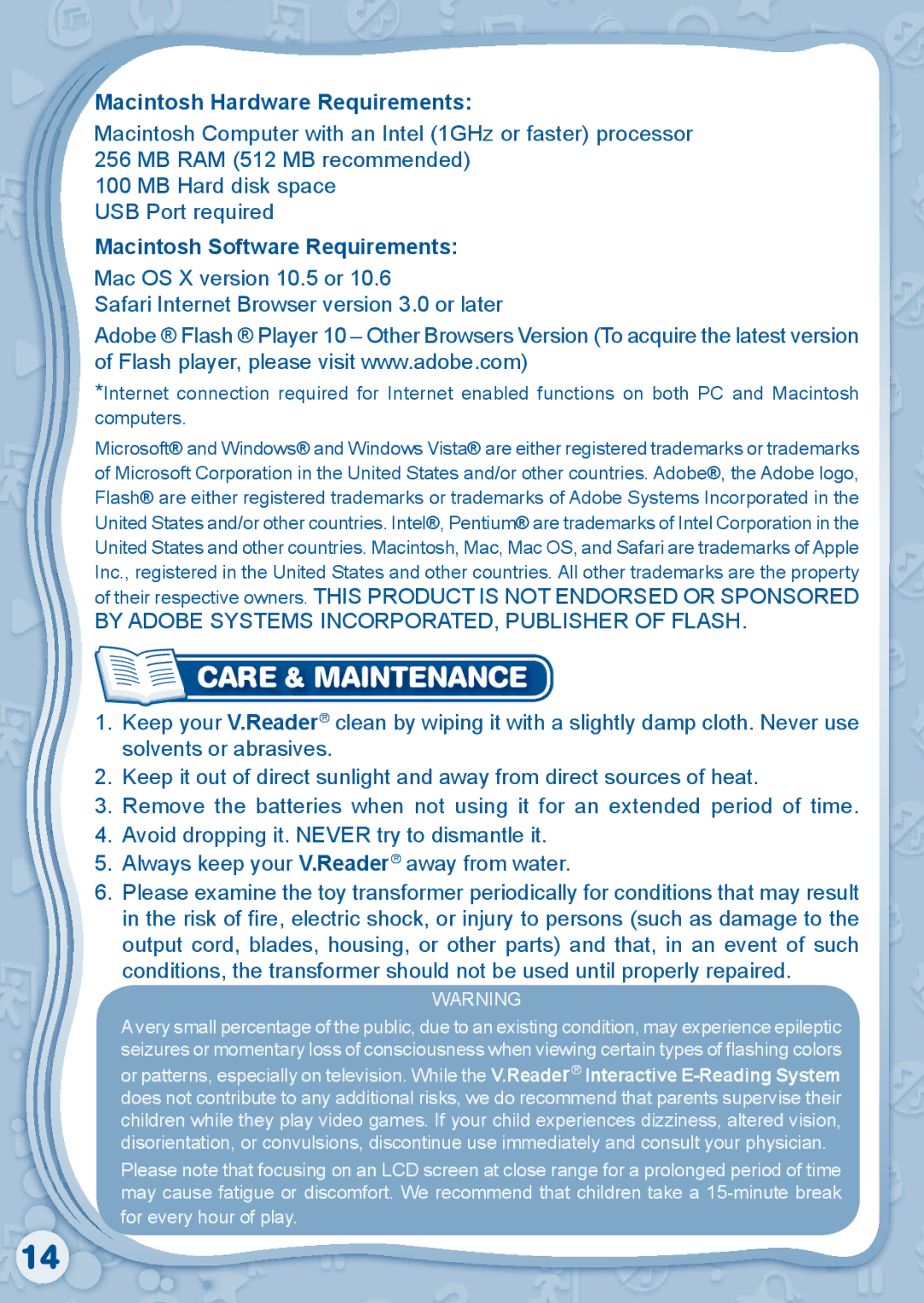 VTech 80-115610 user manual Care & Maintenance, Macintosh Hardware Requirements, Macintosh Software Requirements 