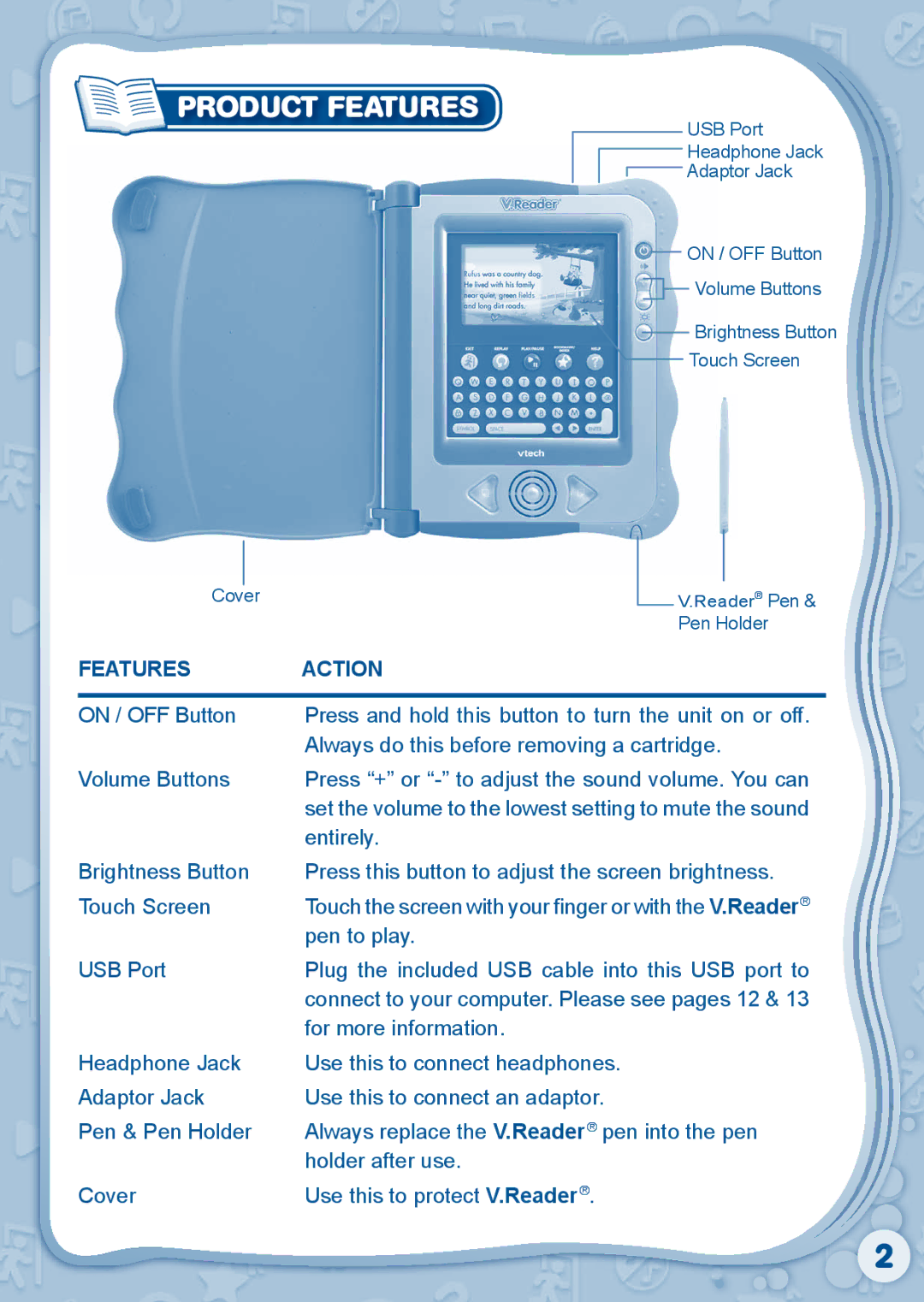 VTech 80-115610 user manual Product Features, Features Action 