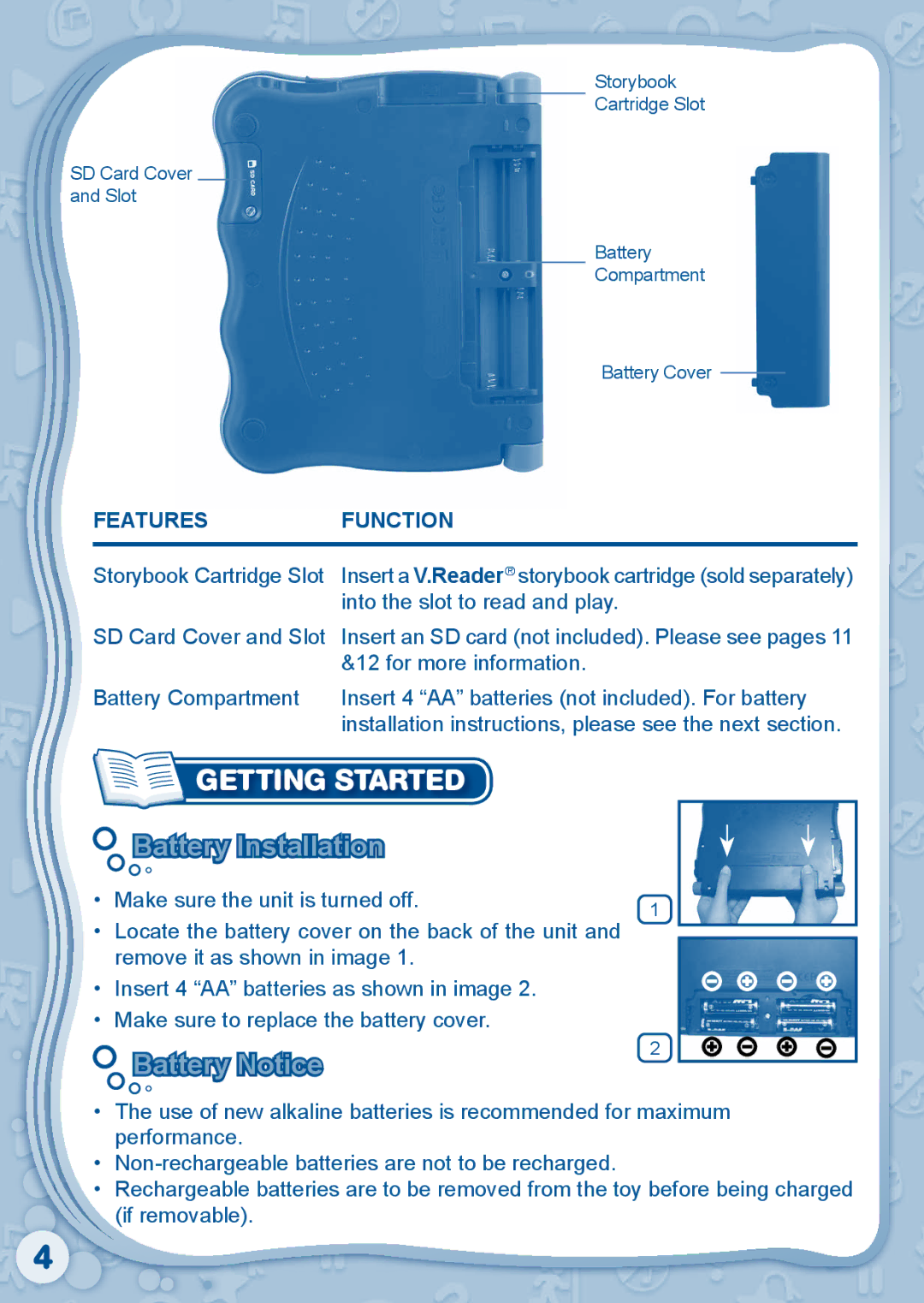 VTech 80-115610 user manual Getting Started, Battery Installation, Battery Notice, Features Function 