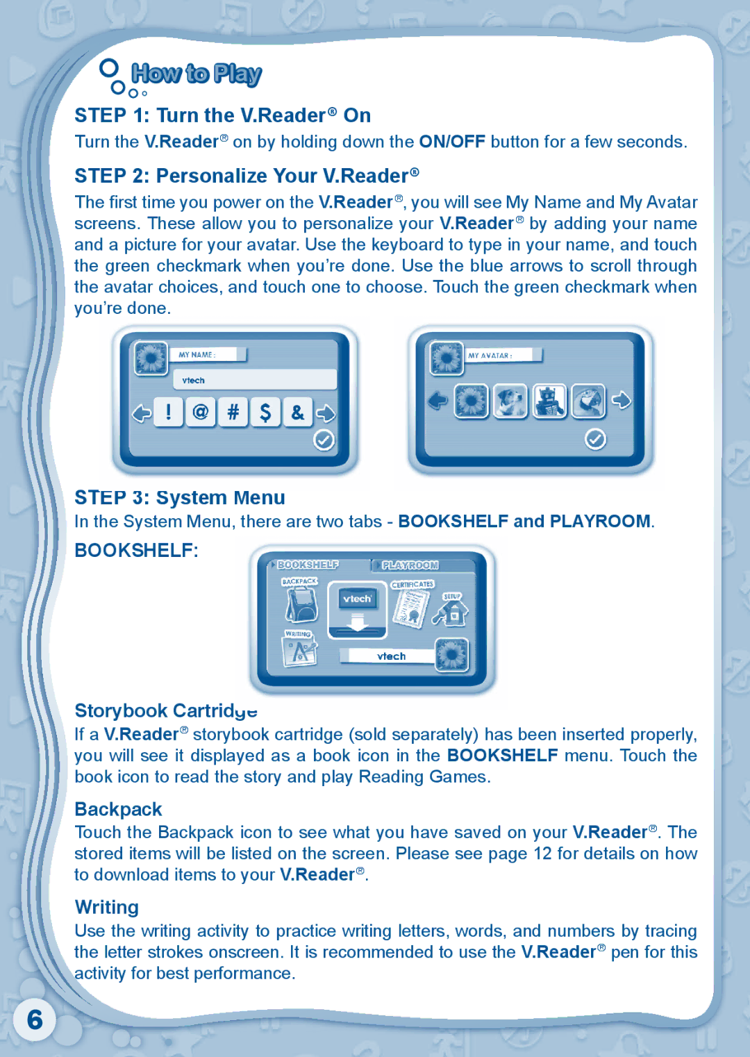 VTech 80-115610 user manual How to Play, Turn the V.Reader On, Personalize Your V.Reader, System Menu 