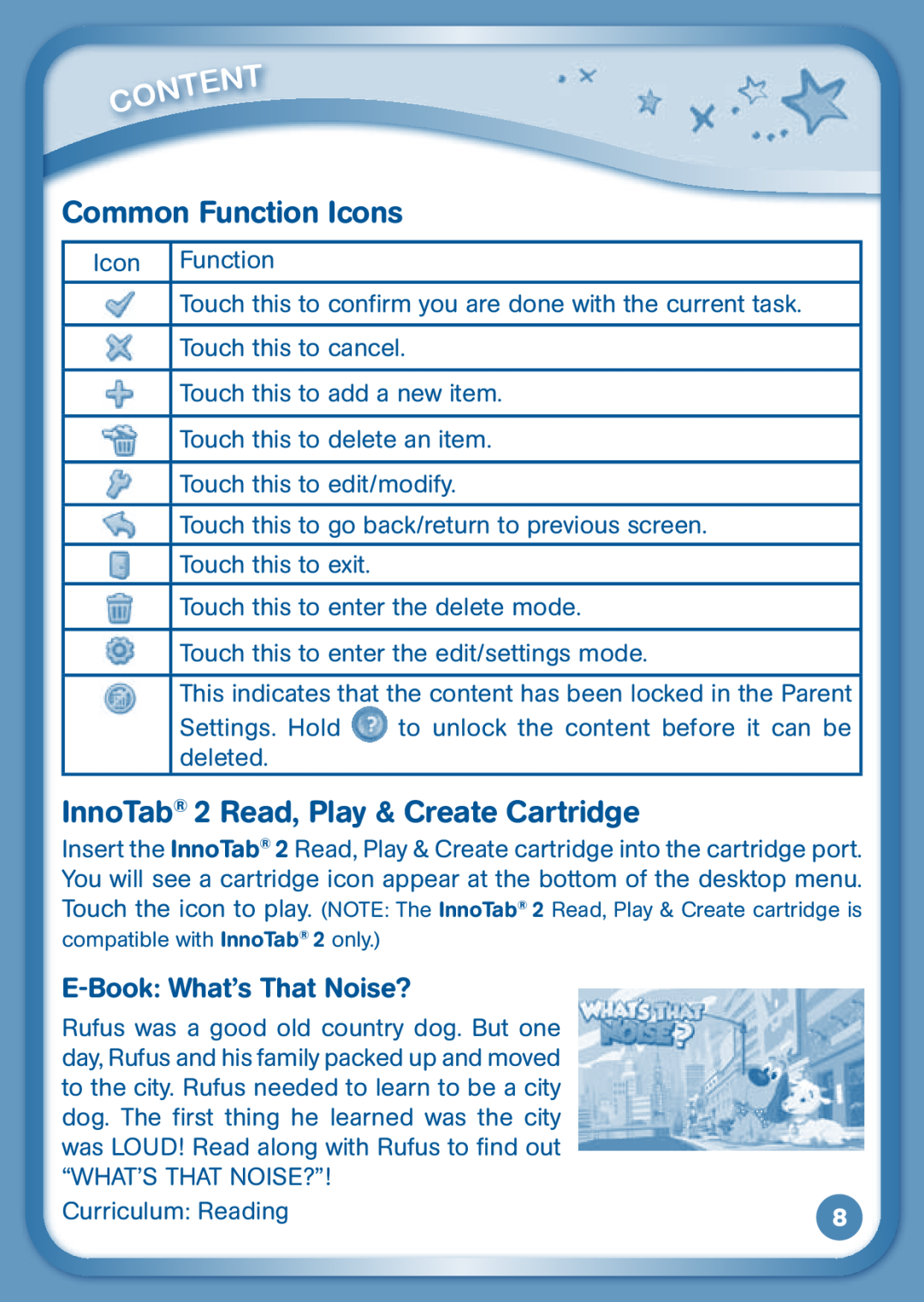 VTech 80-136850 user manual Common Function Icons, InnoTab 2 Read, Play & Create Cartridge, E-Book:What’s That Noise? 