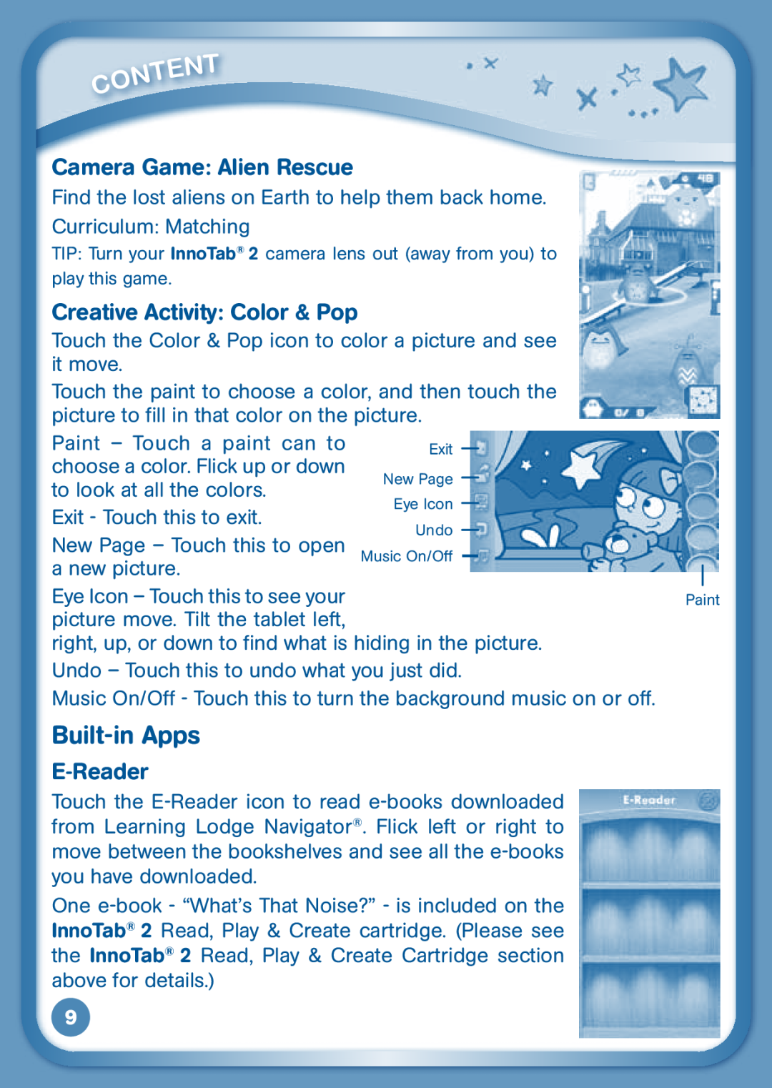 VTech 80-136850 user manual Built-inApps, Camera Game: Alien Rescue, Creative Activity Color & Pop, E-Reader 