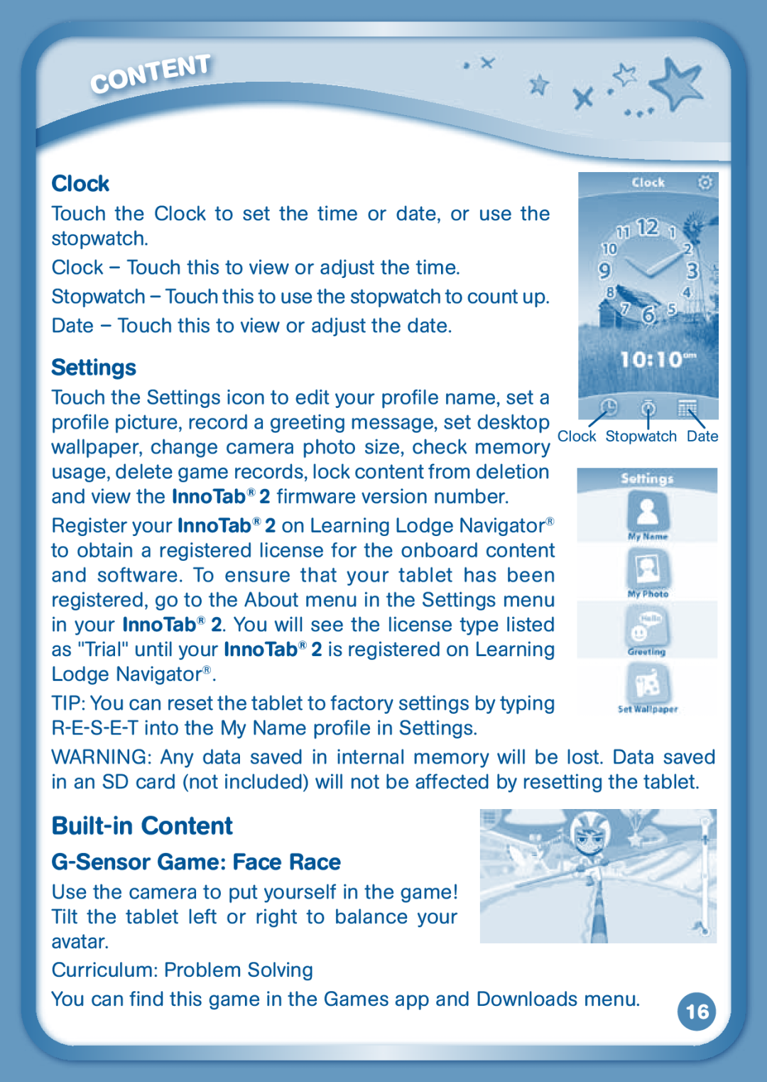 VTech 80-136850 user manual Built-inContent, Clock, Settings, G-SensorGame: Face Race 