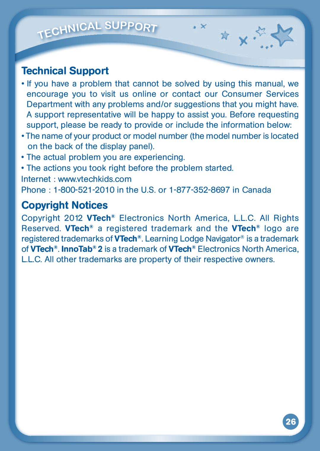 VTech 80-136850 user manual Technical Support, Copyright Notices 