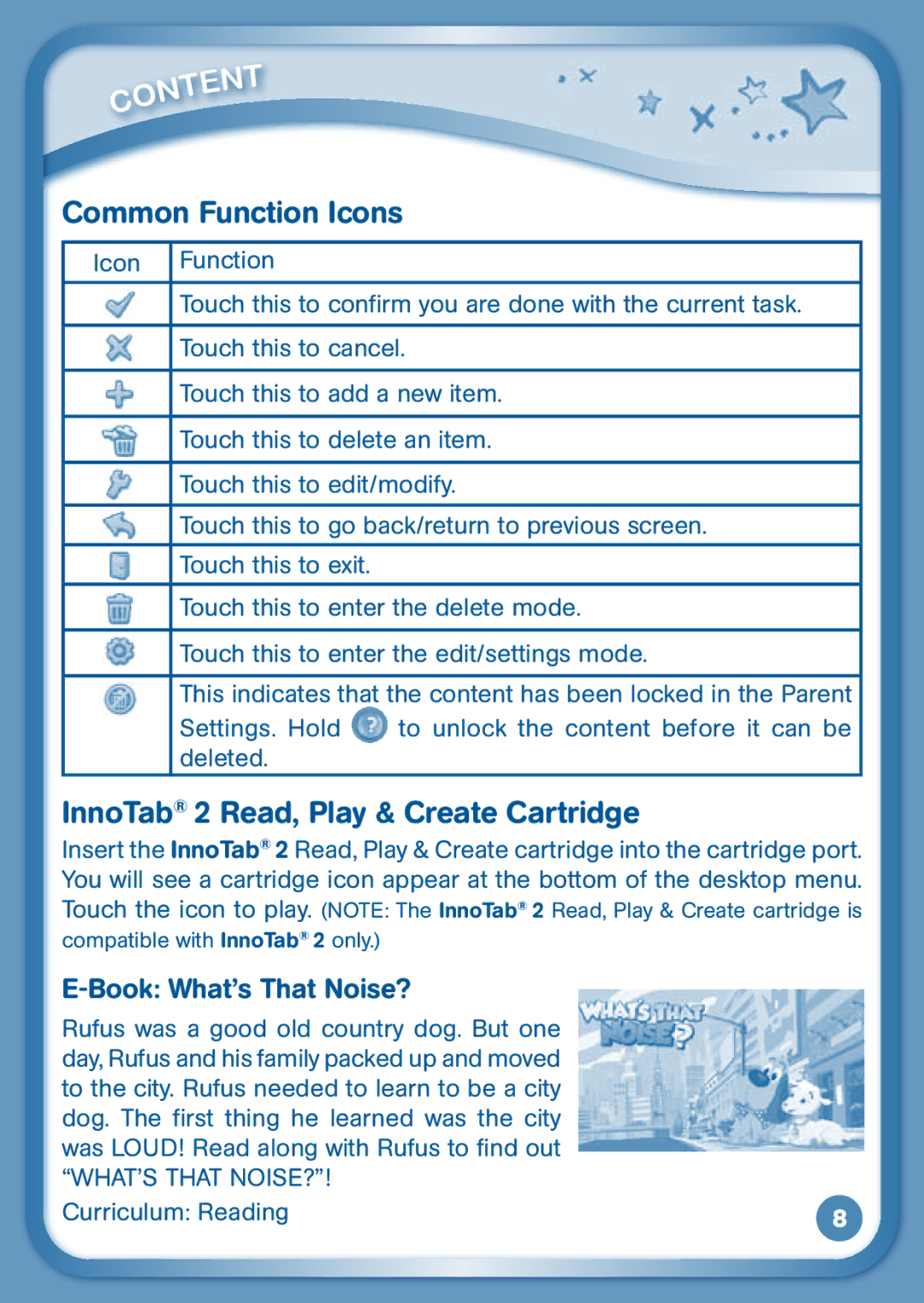 VTech 80-136850 user manual Common Function Icons, InnoTab 2 Read, Play & Create Cartridge, Book What’s That Noise? 