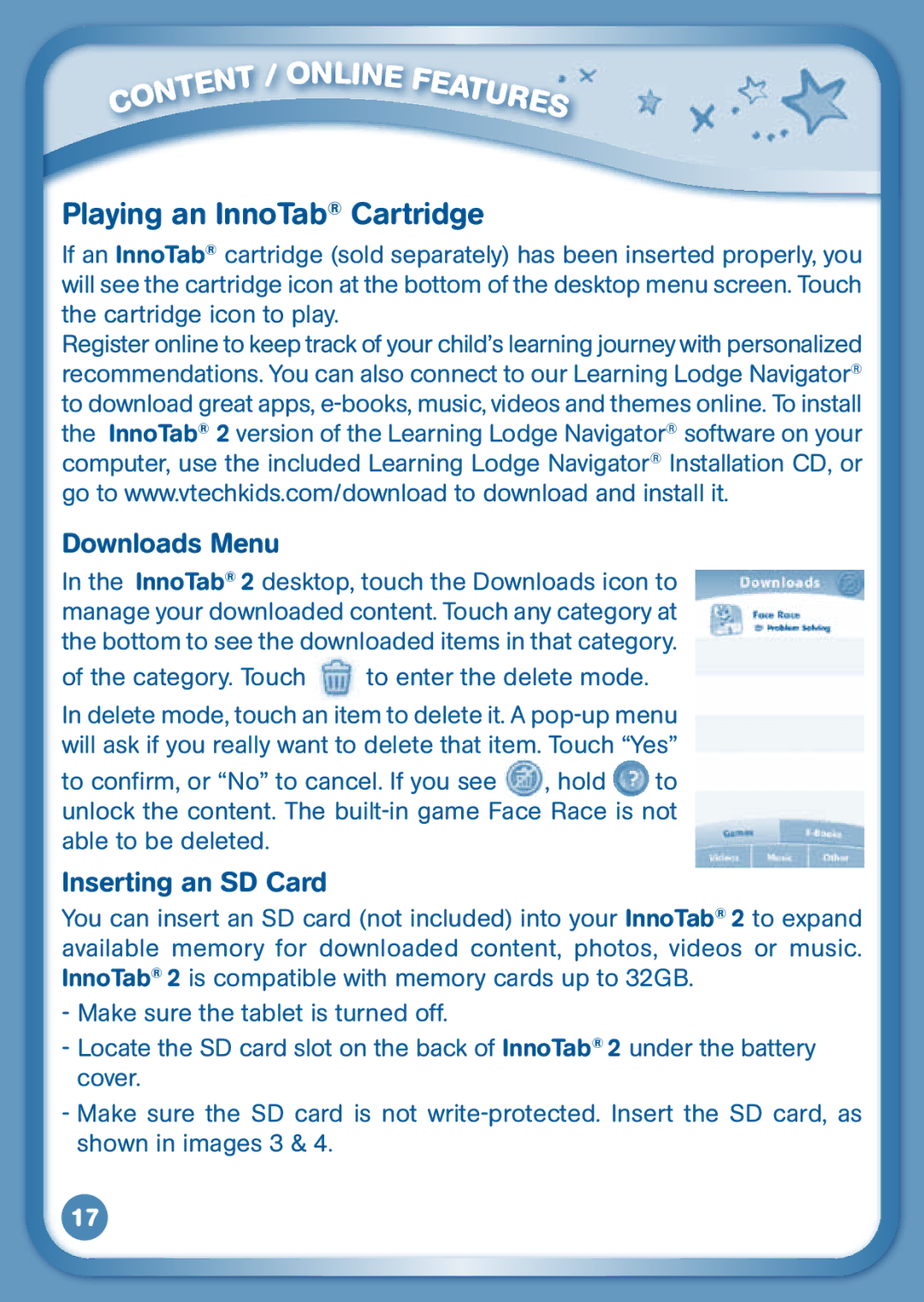 VTech 80-136850 user manual Playing an InnoTab Cartridge, Downloads Menu, Inserting an SD Card 