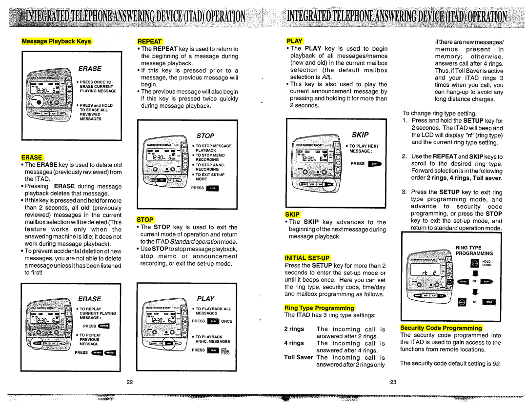 VTech 900I manual Message Playback Keys, Pressing and holding it for more than Seconds, To change ring type setting, Itad 