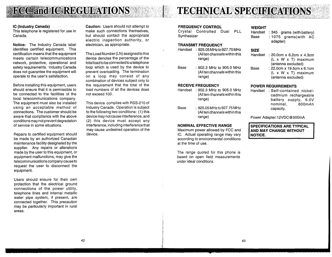 VTech 900I manual Frequency Control, Transmit Frequency, Receive Frequency, Nominal Effective Range, Weight, Size 