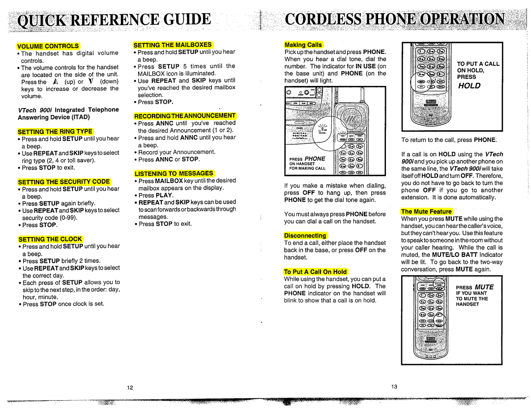 VTech 900I Volume Controls, Setting the Ring Type, Setting the Security Code, Setting the Mailboxes, Listening to Messages 