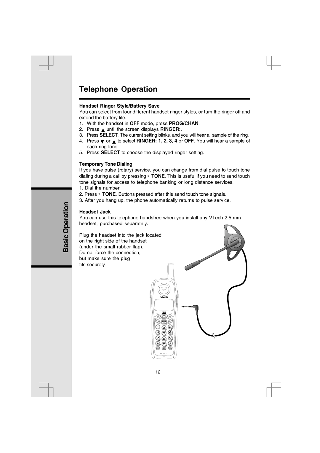 VTech 91-000173-040-000 manual Handset Ringer Style/Battery Save, Temporary Tone Dialing, Headset Jack 