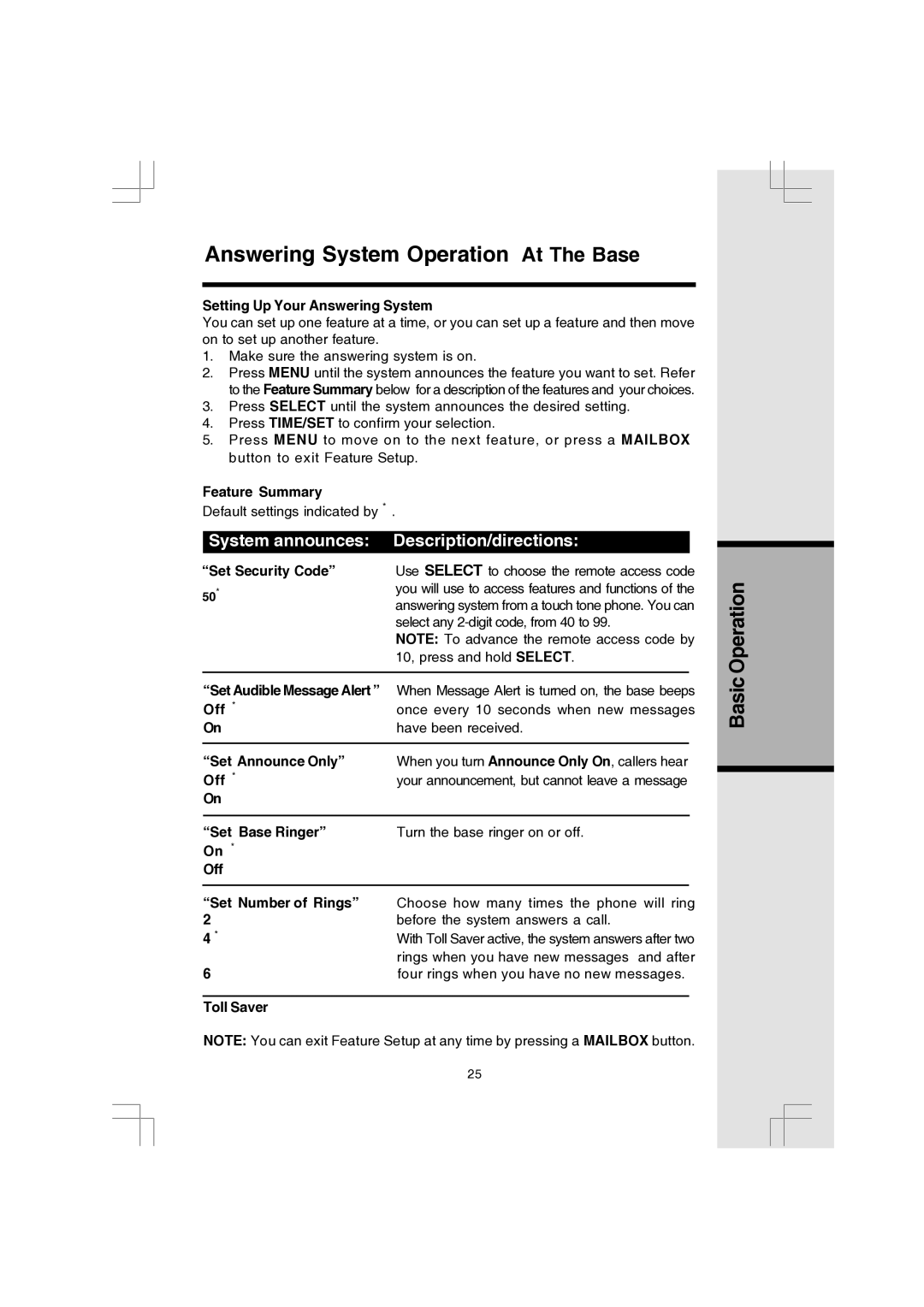 VTech 91-000173-040-000 Setting Up Your Answering System, Feature Summary, Set Security Code, Set Audible Message Alert 