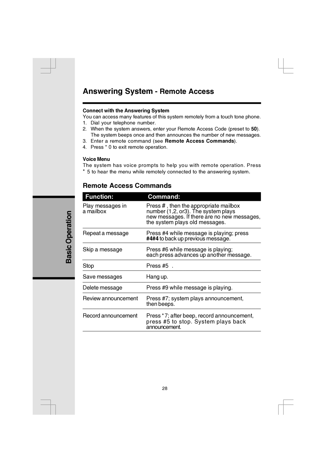 VTech 91-000173-040-000 manual Answering System Remote Access, Connect with the Answering System, Voice Menu 