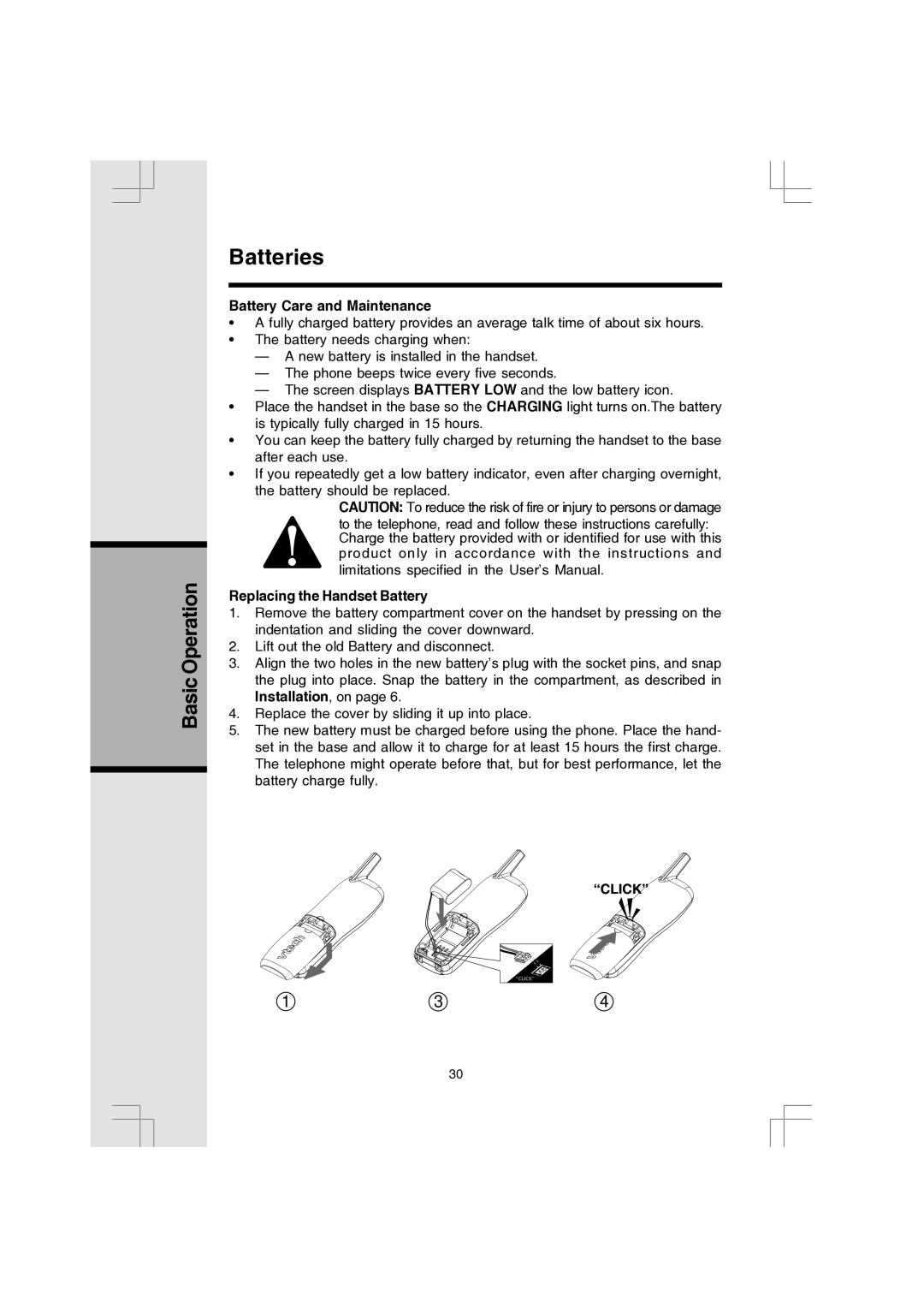 VTech 91-000173-040-000 manual Batteries, Battery Care and Maintenance, Replacing the Handset Battery 