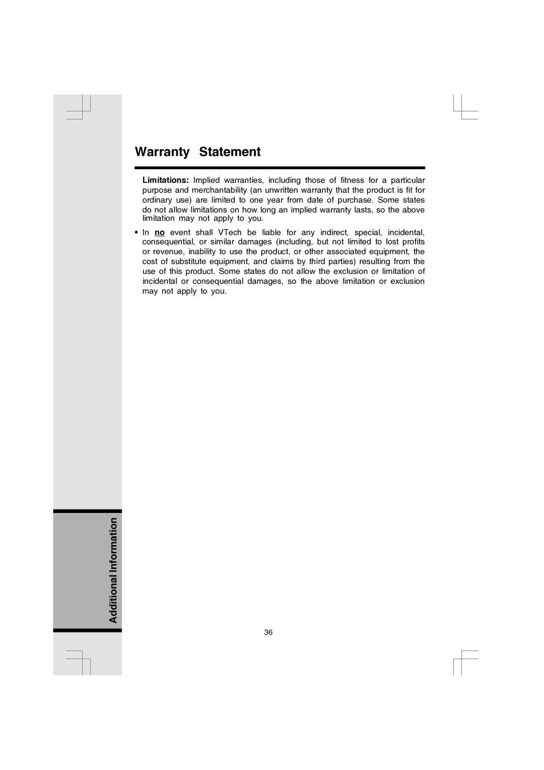 VTech 91-000173-040-000 manual Warranty Statement 