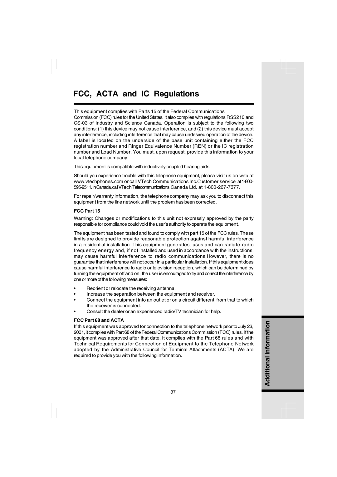 VTech 91-000173-040-000 manual FCC, Acta and IC Regulations, FCC Part 68 and Acta 