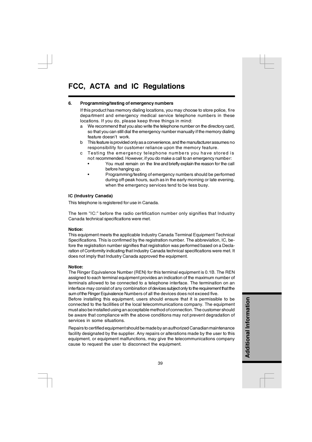 VTech 91-000173-040-000 manual Programming/testing of emergency numbers, IC Industry Canada 