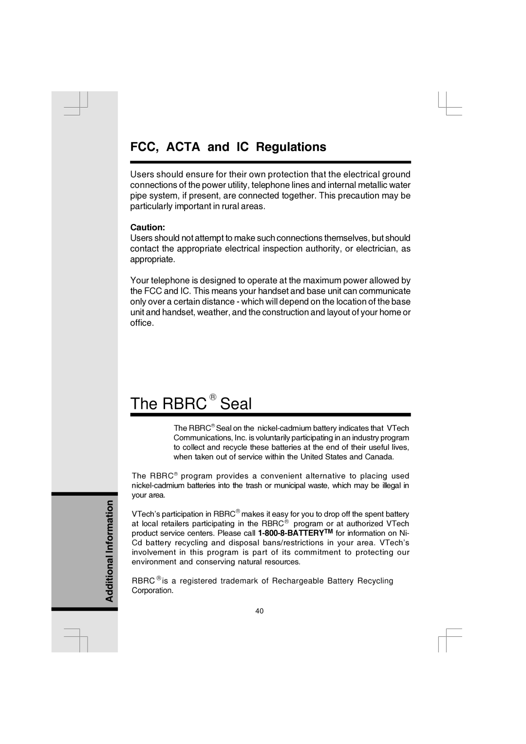 VTech 91-000173-040-000 manual Rbrc R Seal 