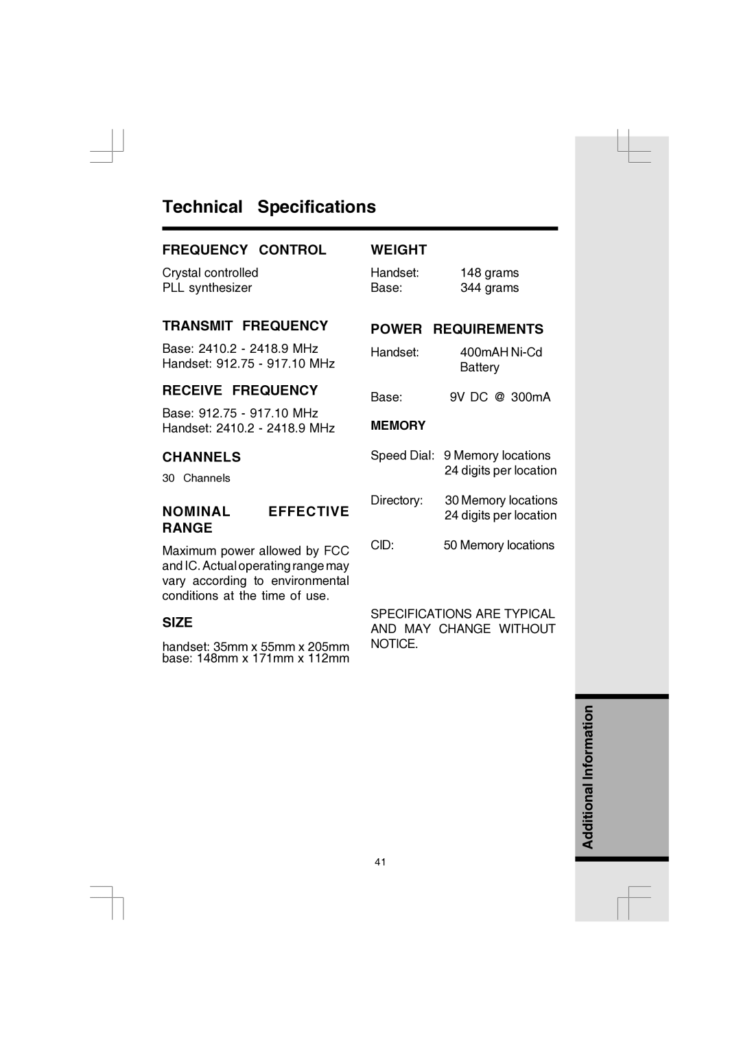 VTech 91-000173-040-000 manual Technical Specifications, Nominal Effective Range 