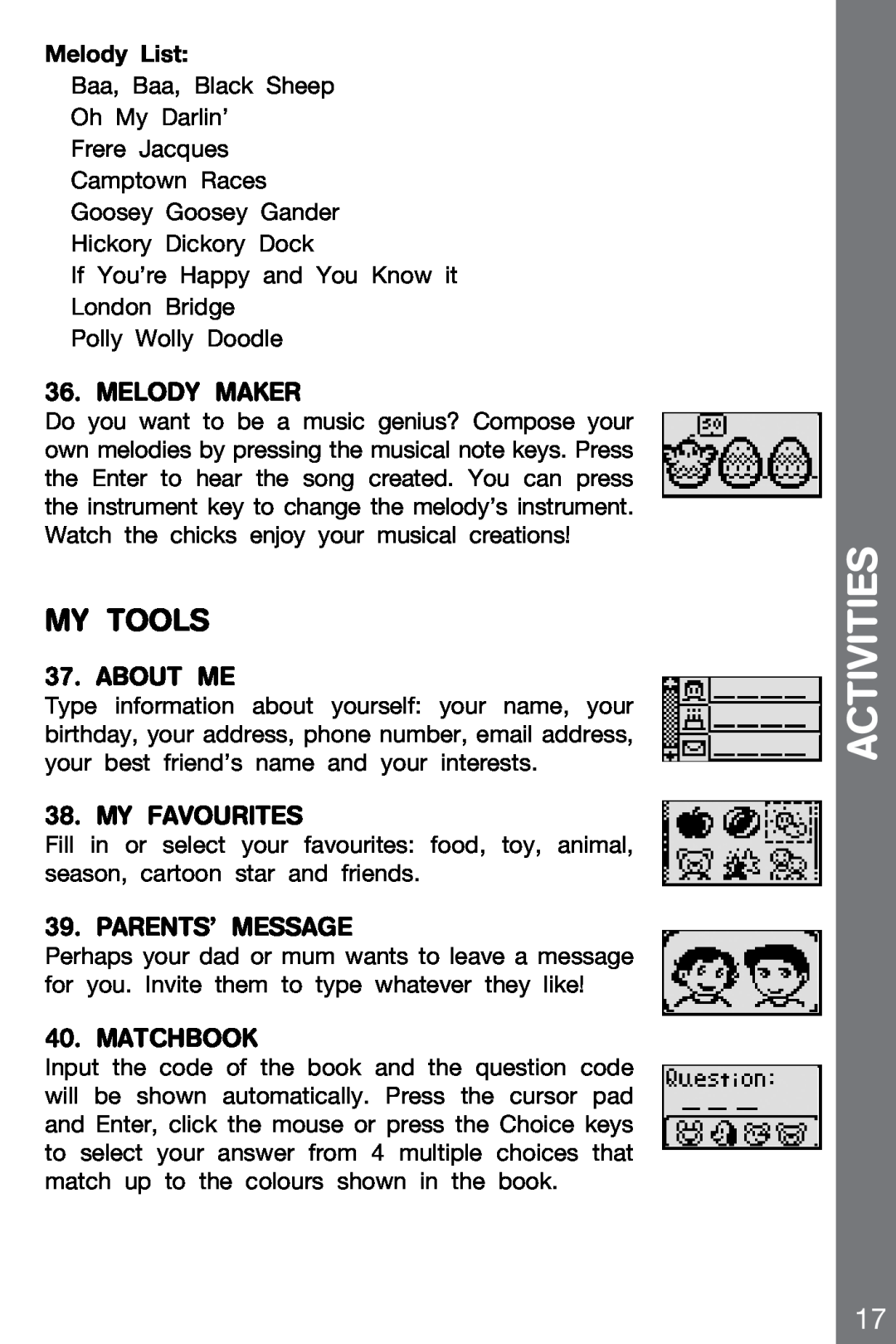 VTech 91-002136-014-000 My Tools, Melody Maker, About Me, My Favourites, PARENTs’ MESSAGE, Matchbook, Melody List 