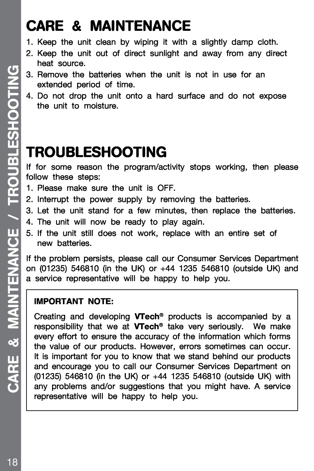 VTech 91-002136-014-000 user manual Care & Maintenance / Troubleshooting, Important Note 