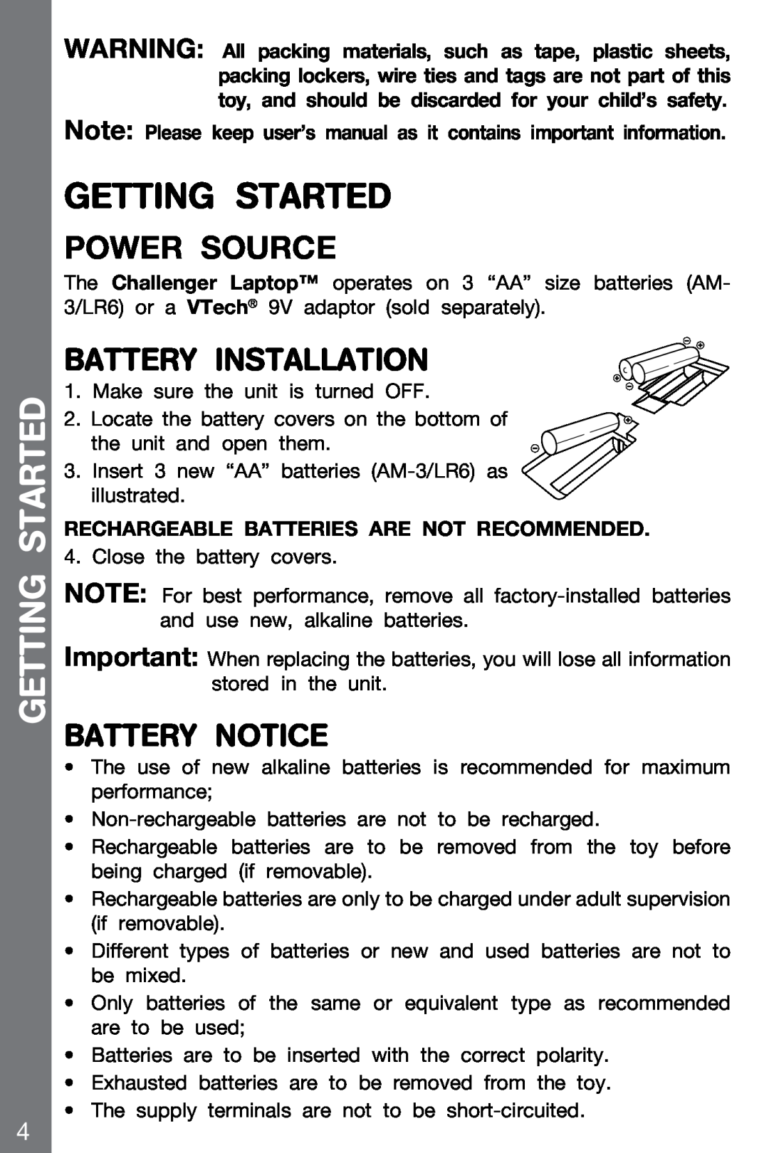VTech 91-002136-014-000 Getting Started, Battery Installation, Battery Notice, Rechargeable Batteries Are Not Recommended 