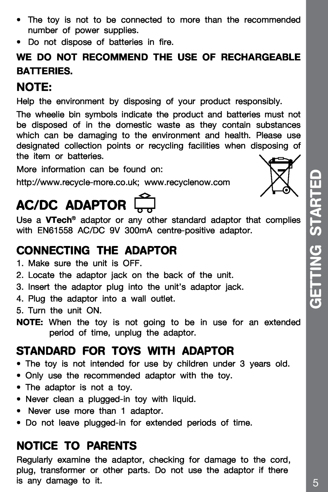 VTech 91-002136-014-000 Ac/Dc Adaptor, Connecting the adaptor, Standard for toys with adaptor, Notice to parents 