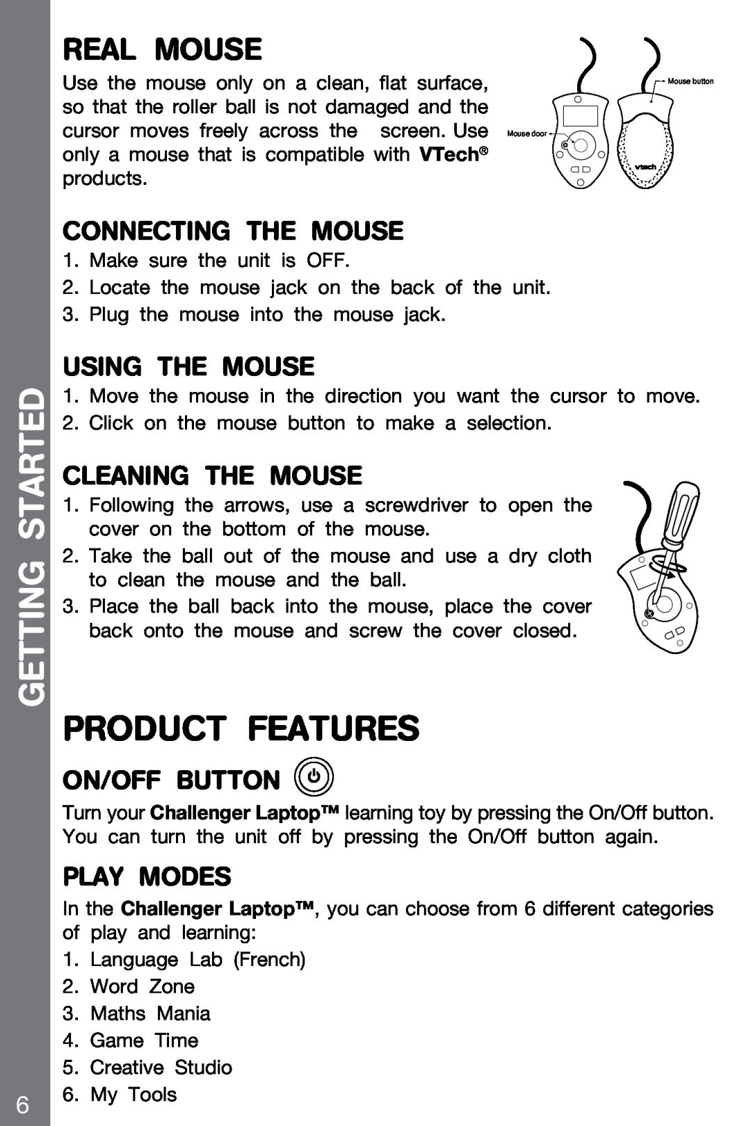 VTech 91-002136-014-000 user manual Product Features, Real MOUSE, Connecting The Mouse, Using The Mouse, Cleaning The Mouse 
