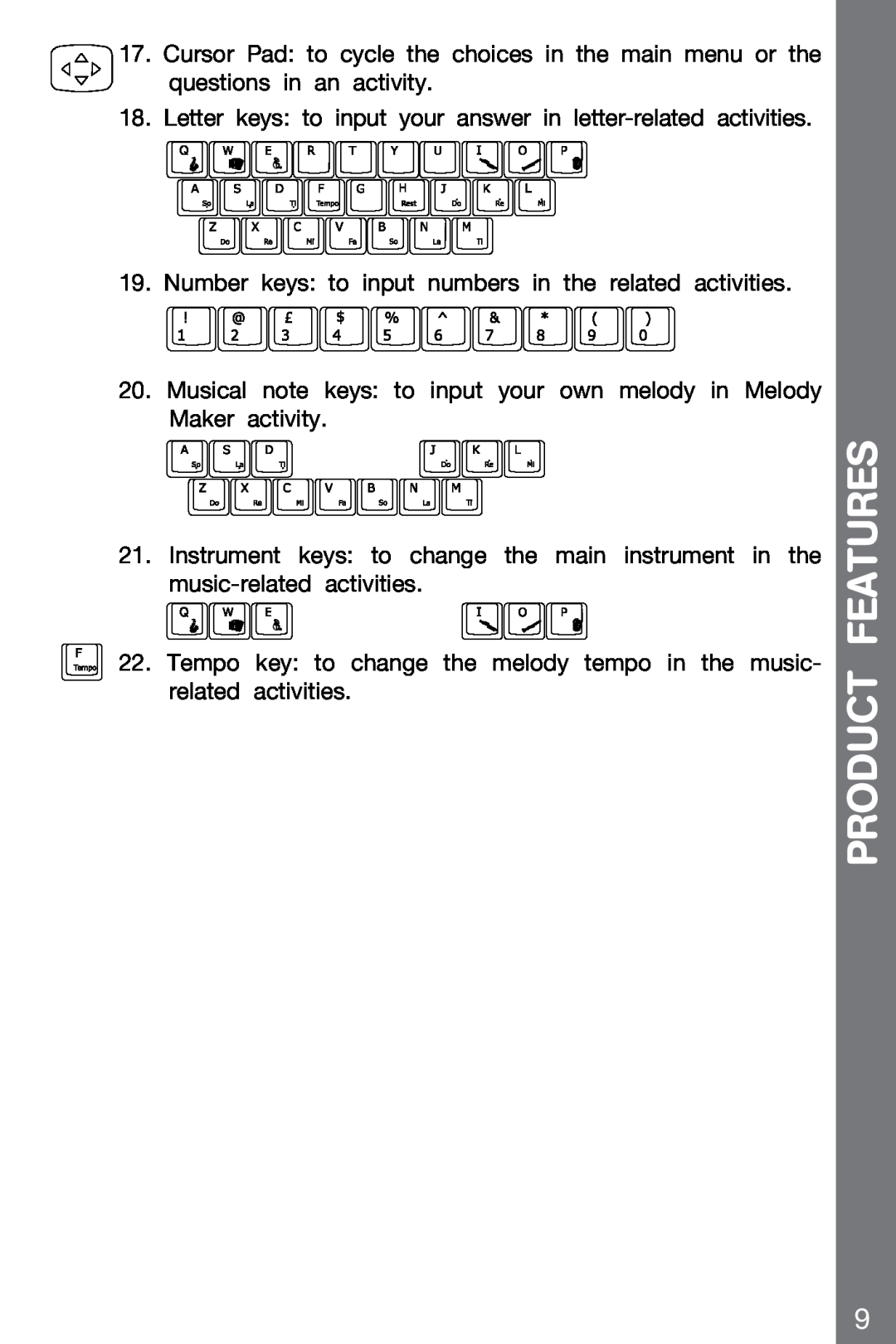 VTech 91-002136-014-000 user manual Product Features, Letter keys to input your answer in letter-related activities 