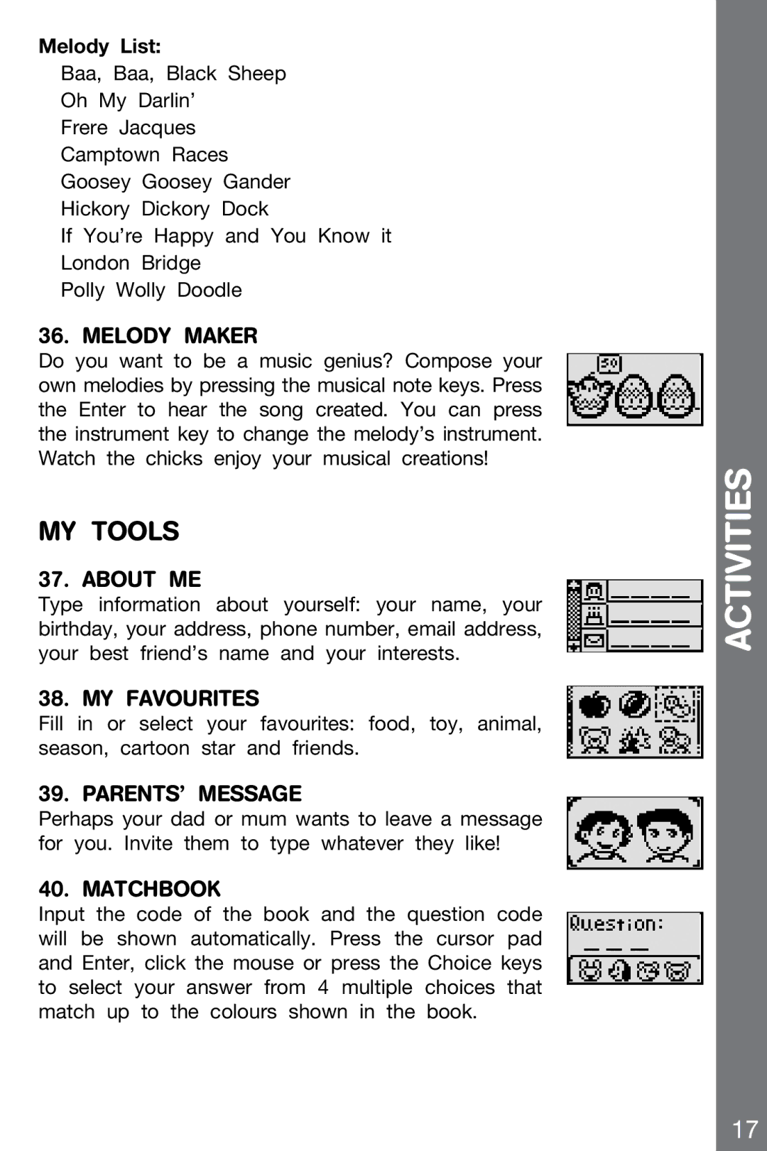 VTech 91-002136-014-000 user manual MY Tools, Melody Maker, About ME, MY Favourites, Matchbook 