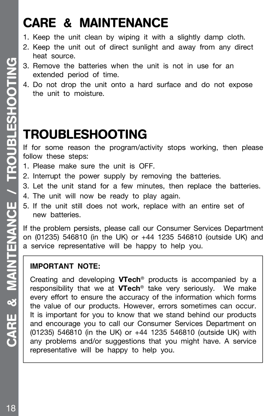 VTech 91-002136-014-000 user manual Care & Maintenance / Troubleshooting 