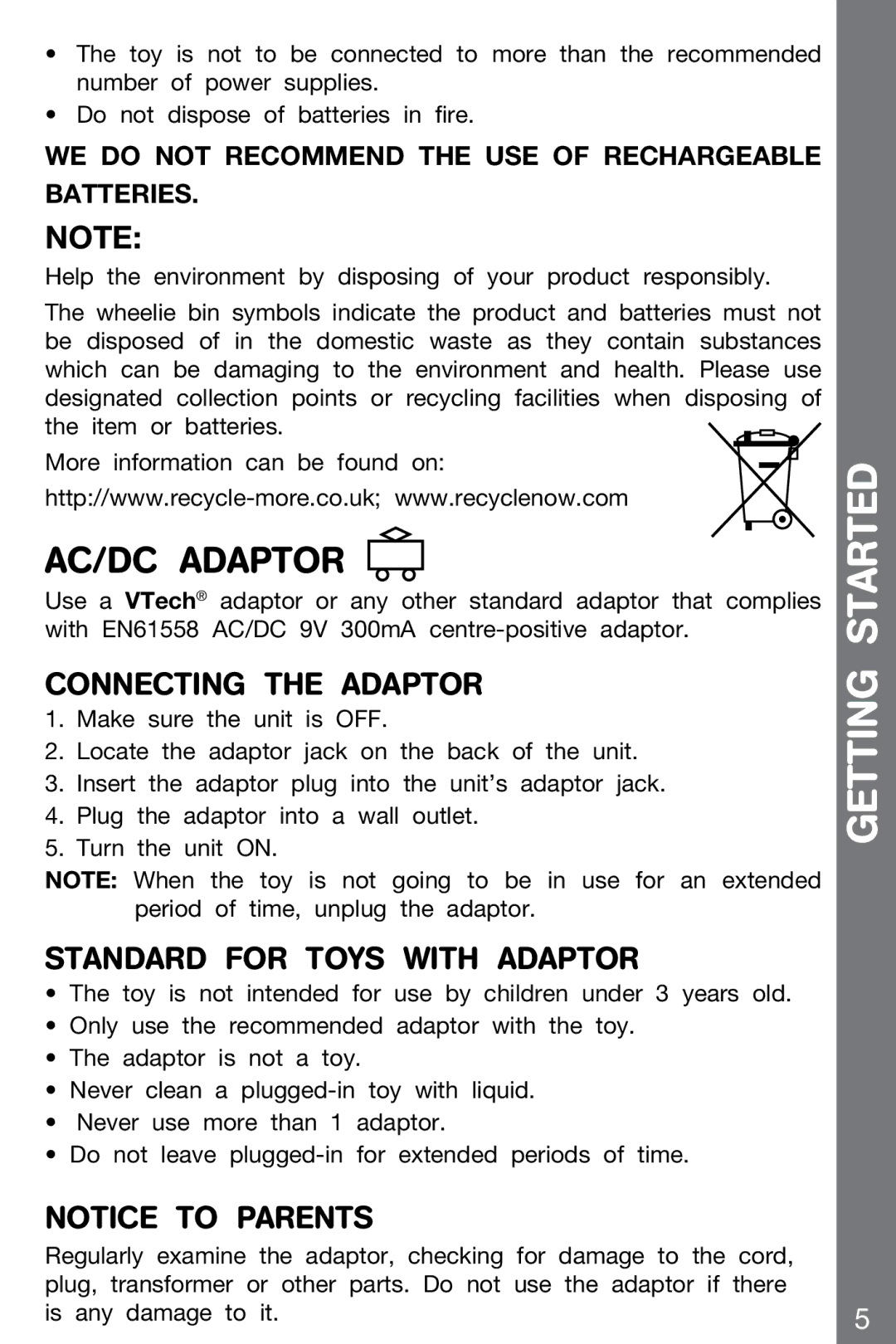 VTech 91-002136-014-000 user manual Connecting the adaptor, Standard for toys with adaptor 