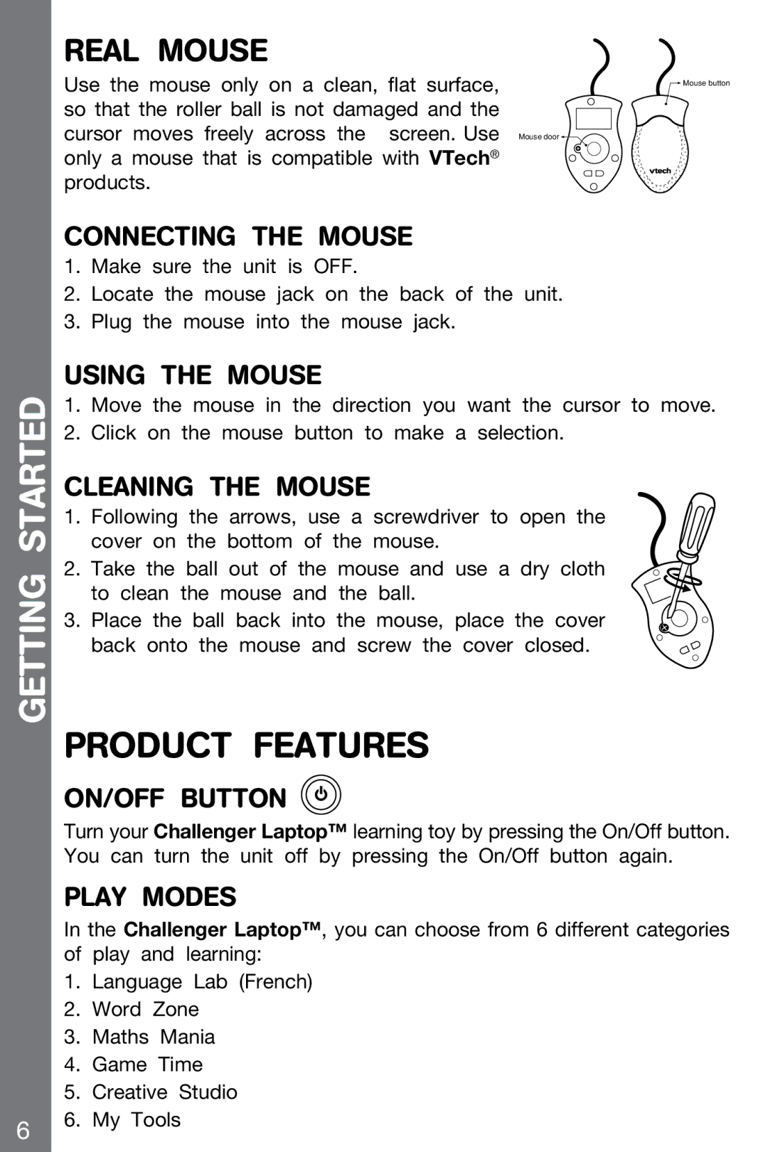 VTech 91-002136-014-000 user manual Product Features, Connecting the Mouse, Using the Mouse, Cleaning the Mouse, Play Modes 