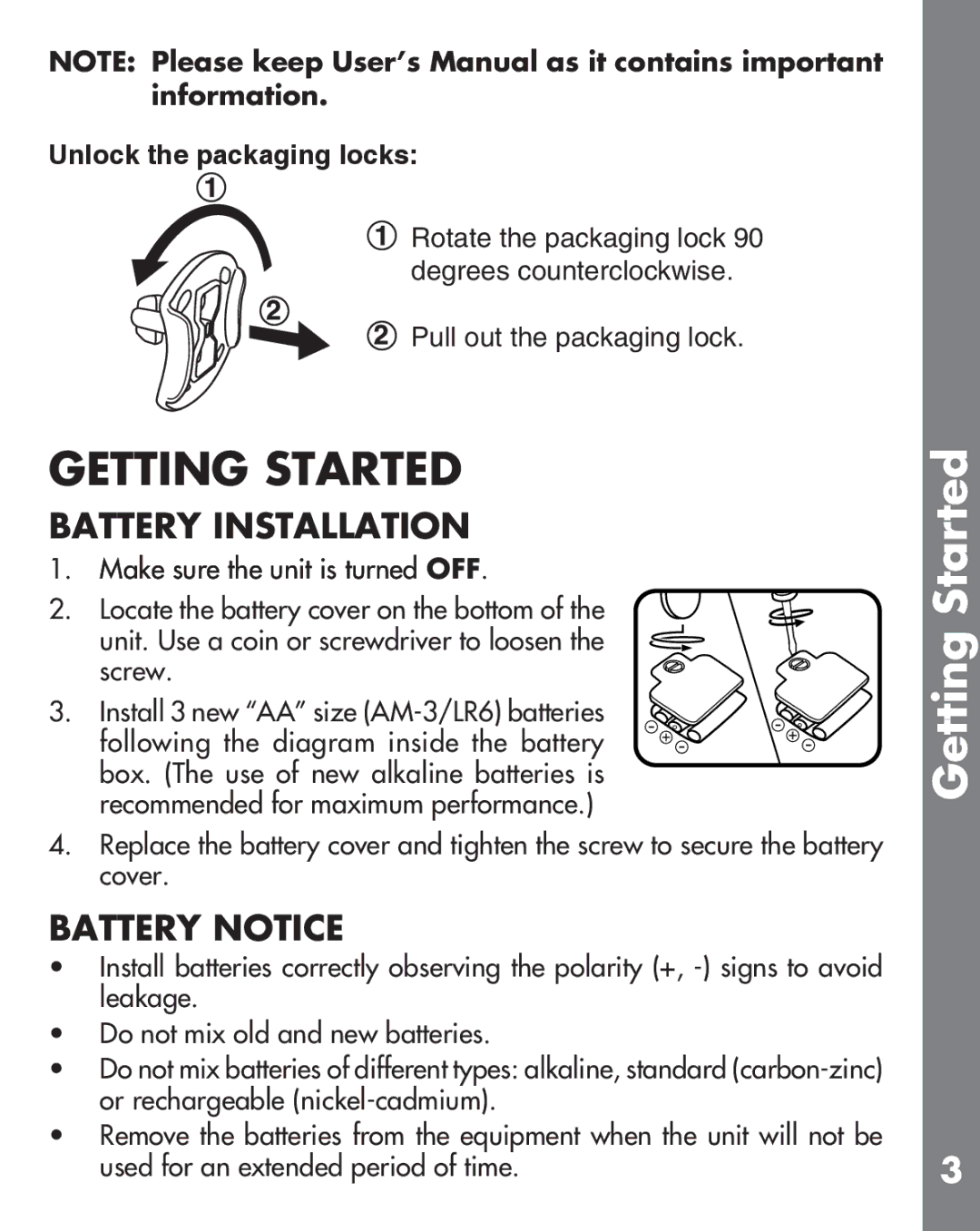 VTech 91-002364-001-000 user manual Getting Started, Battery Installation, Battery Notice 