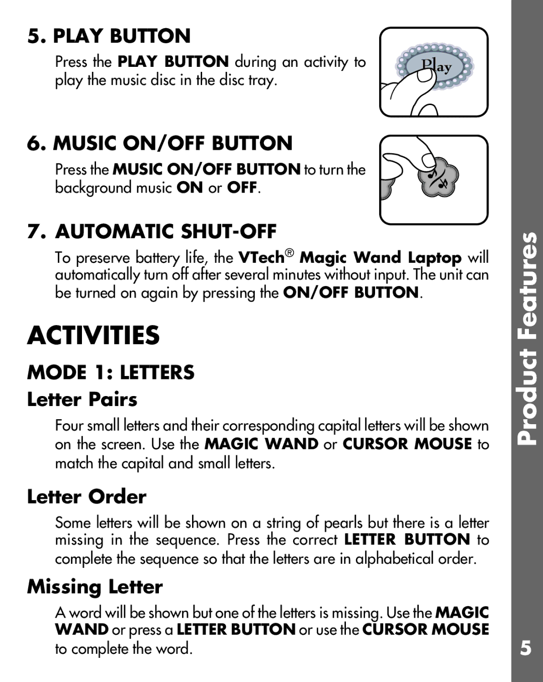 VTech 91-002364-001-000 user manual Activities, Play Button, Music ON/OFF Button, Automatic SHUT-OFF, Mode 1 Letters 