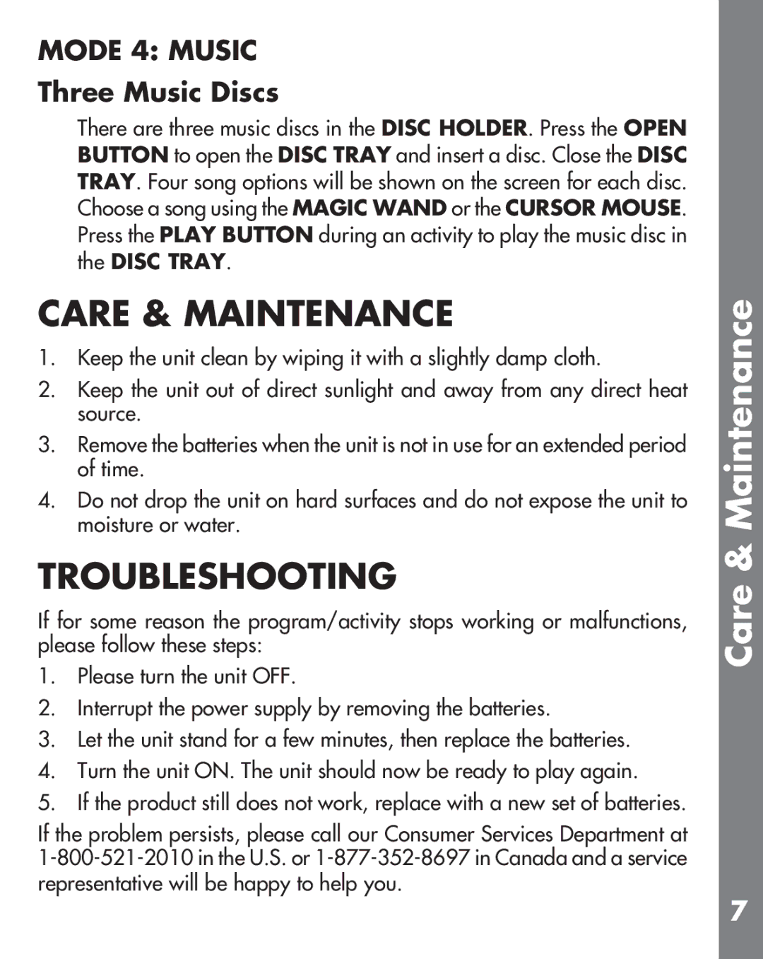 VTech 91-002364-001-000 user manual Care & Maintenance, Troubleshooting, Mode 4 Music, Three Music Discs 