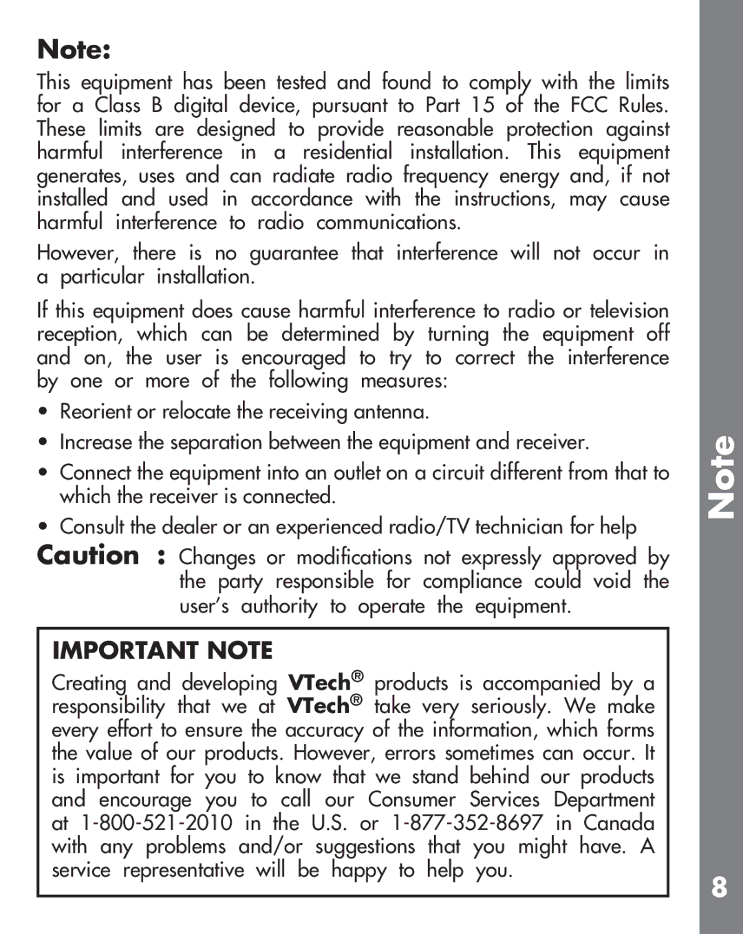 VTech 91-002364-001-000 user manual Important Note 