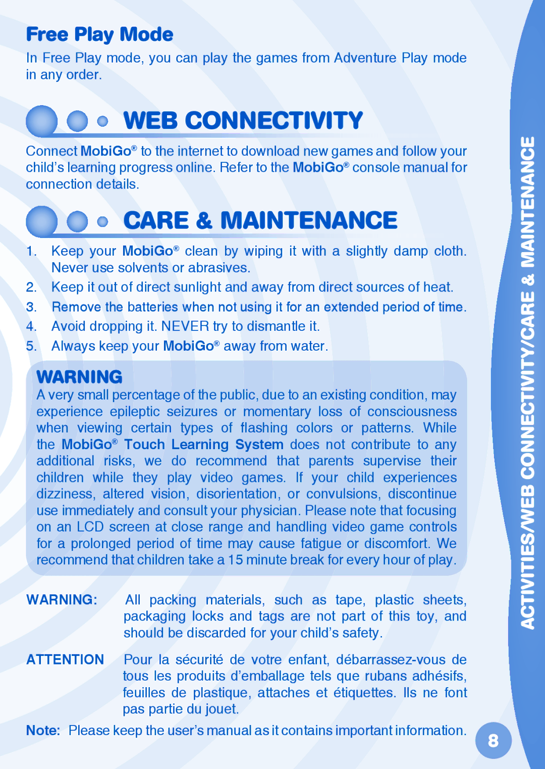 VTech 91-002461- 270 user manual WEB Connectivity, Care & Maintenance, Free Play Mode 