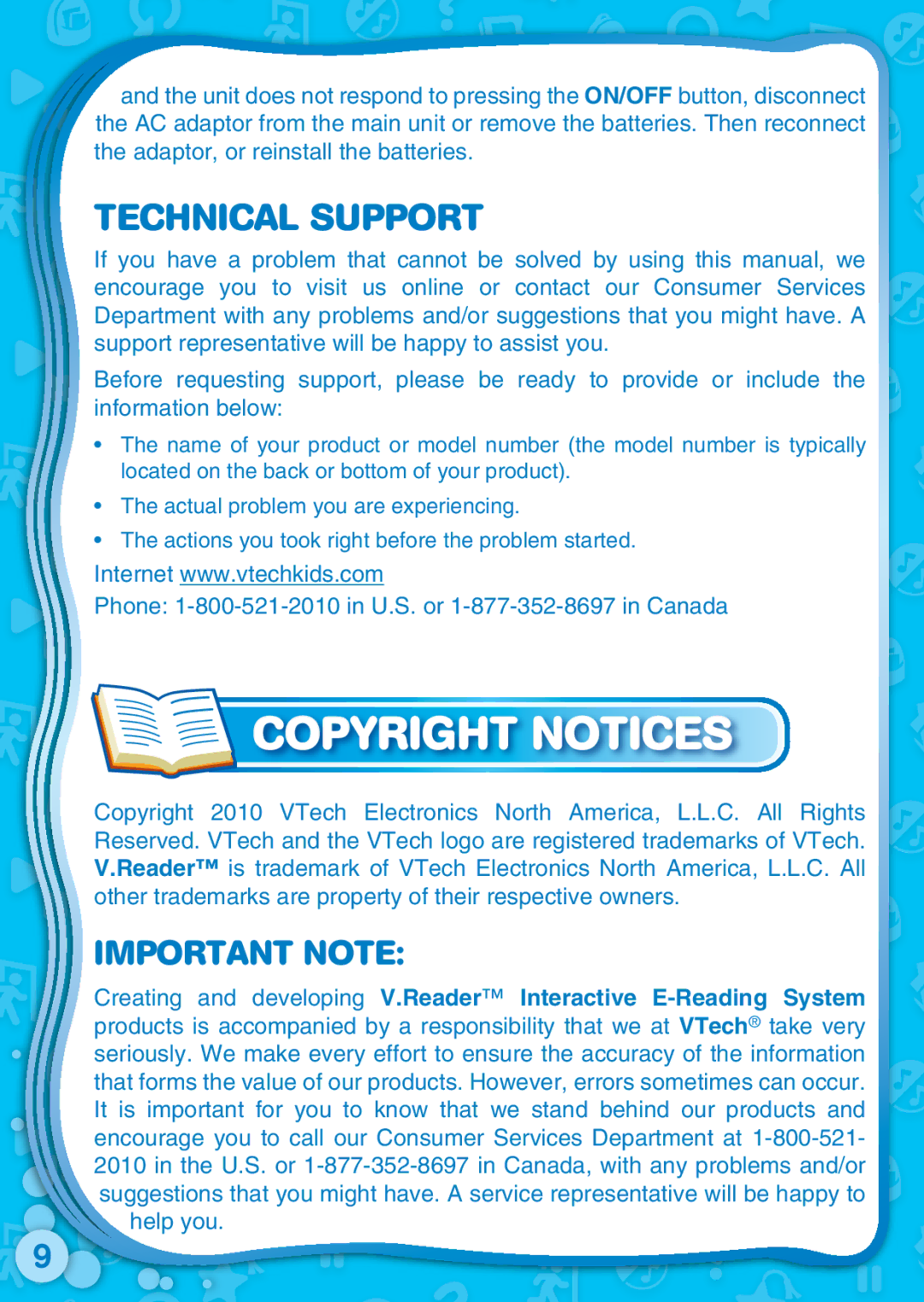 VTech 91-002462-052-000 user manual Copyright Notices, Technical Support 