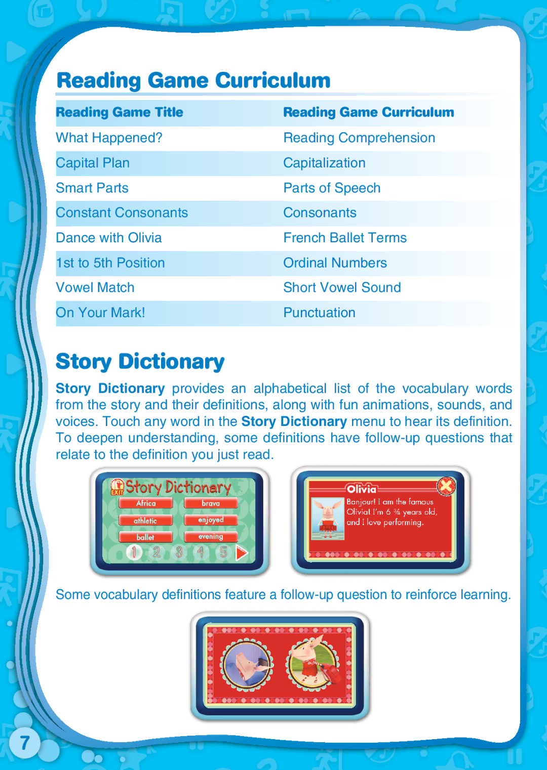 VTech 91-002462-052-000 user manual Reading Game Curriculum, Story Dictionary 