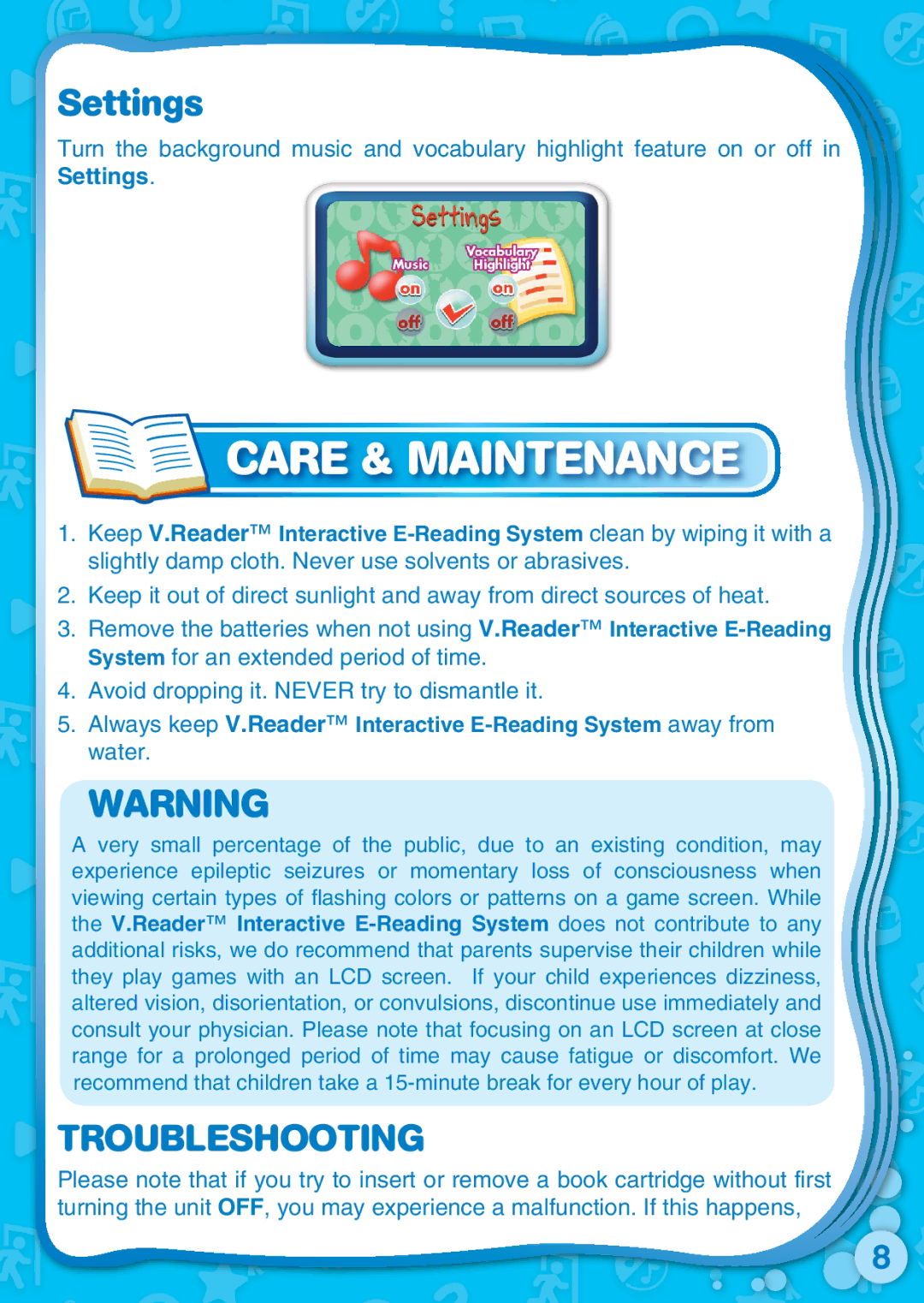 VTech 91-002462-052-000 user manual Care & Maintenance, Settings 